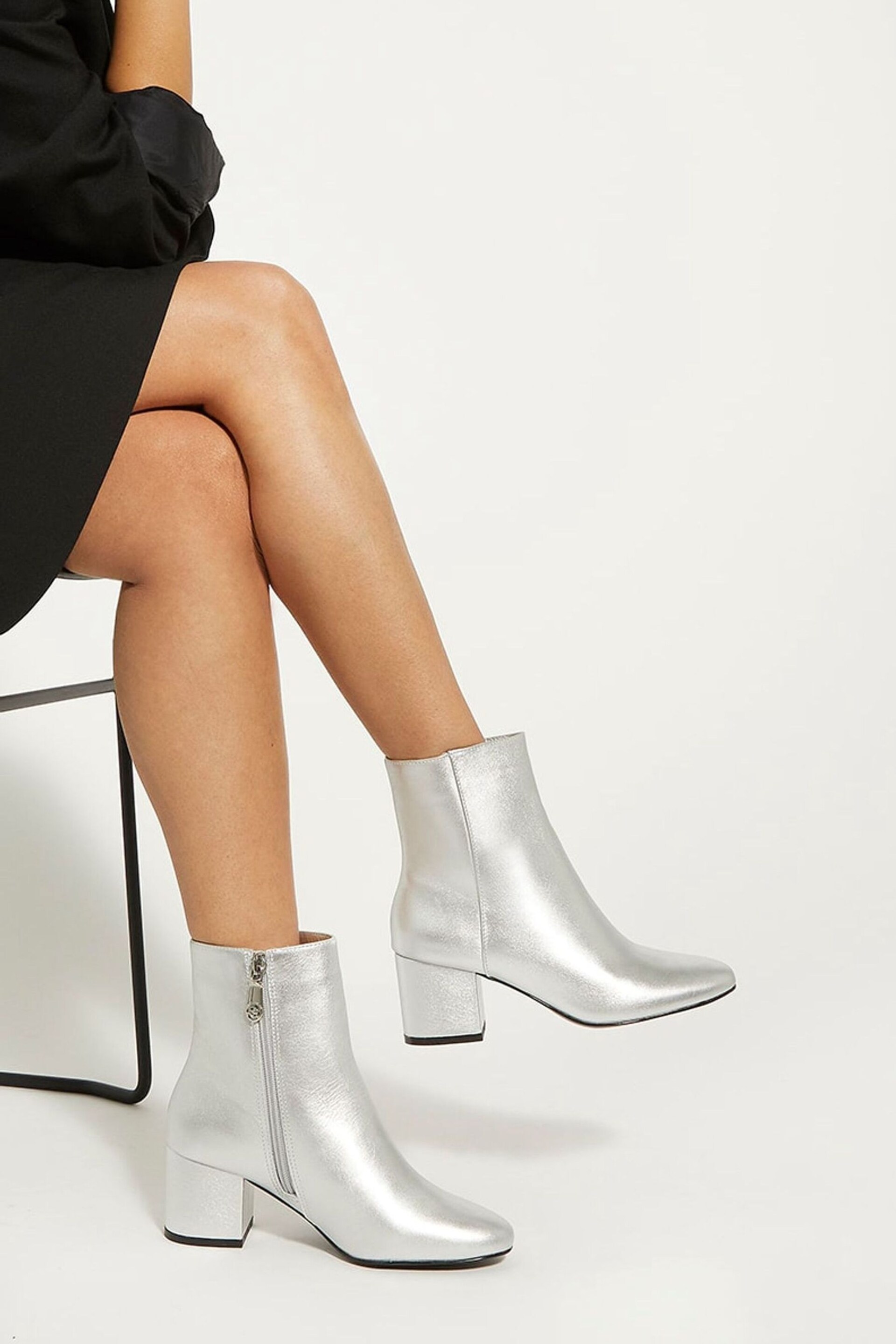 Dune London Silver Ottack Low Block Heel Boots - Image 1 of 5