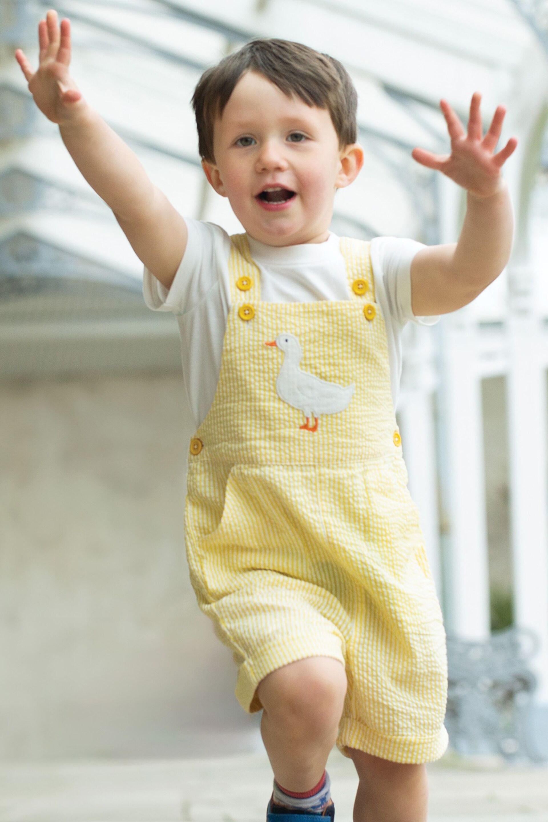 Frugi Yellow Seersucker Easter Duck T-Shirt And Short Dungaree Outfit Set - Image 1 of 6