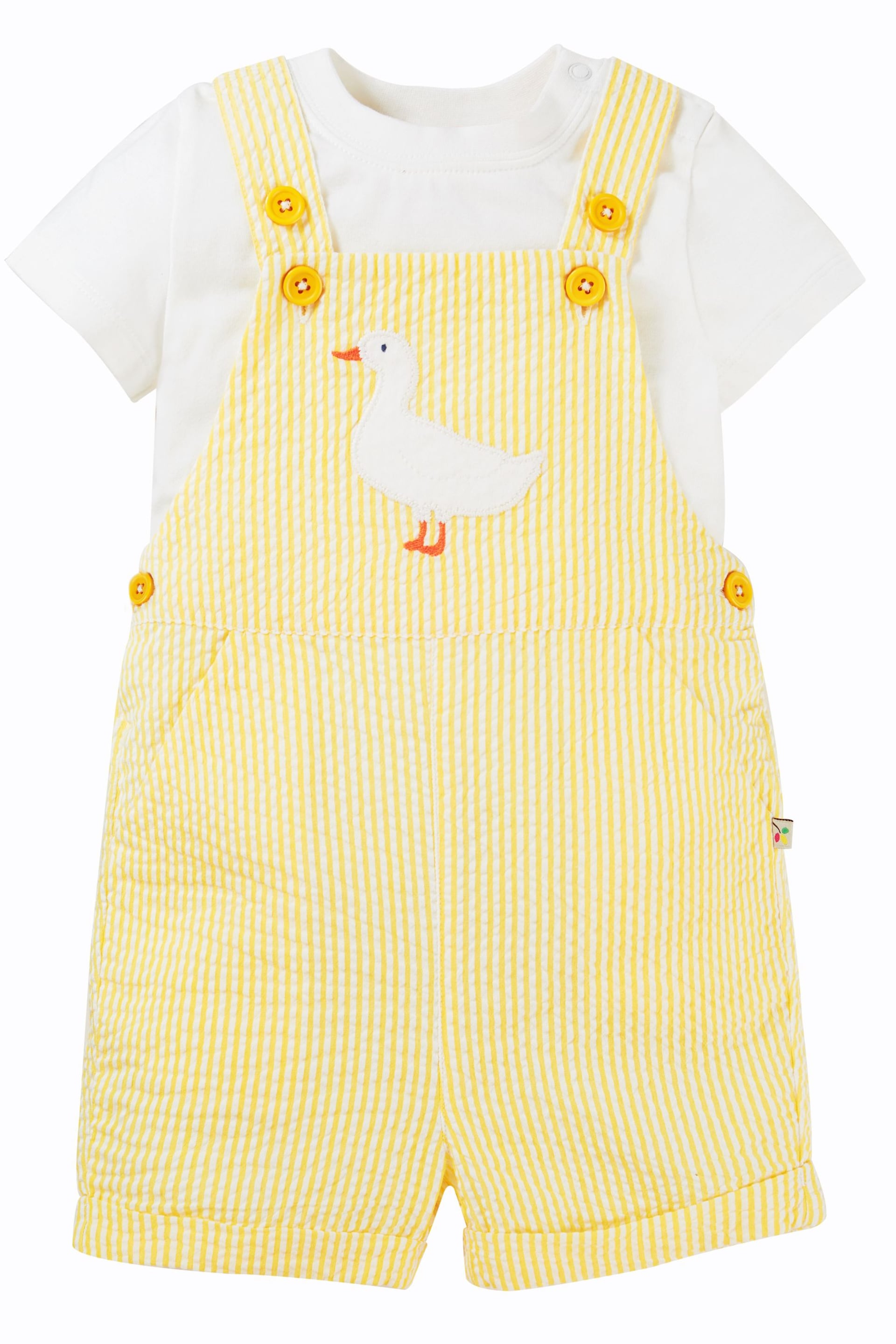 Frugi Yellow Seersucker Easter Duck T-Shirt And Short Dungaree Outfit Set - Image 2 of 6