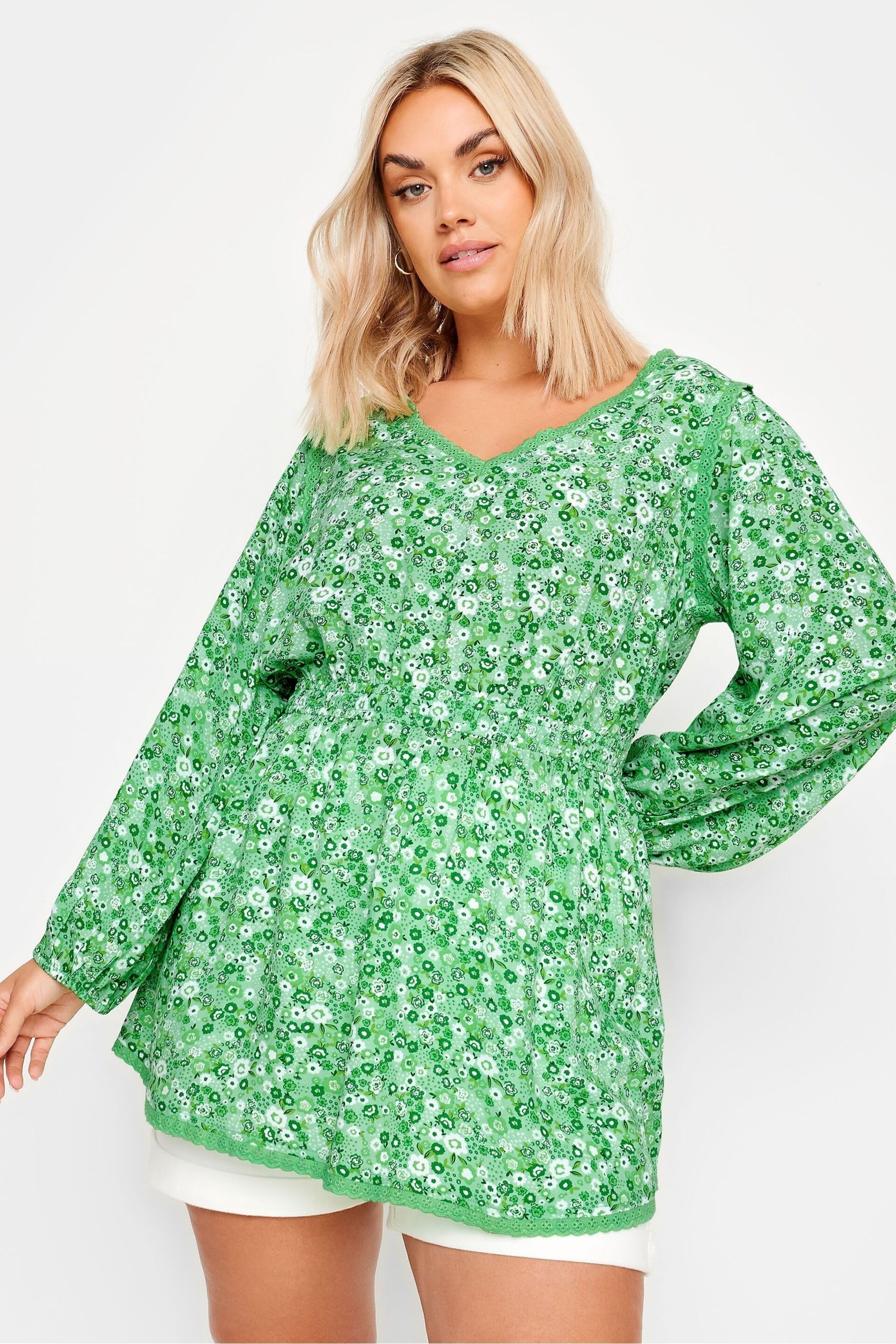 Yours Curve Green Trim Smock Top - Image 1 of 5