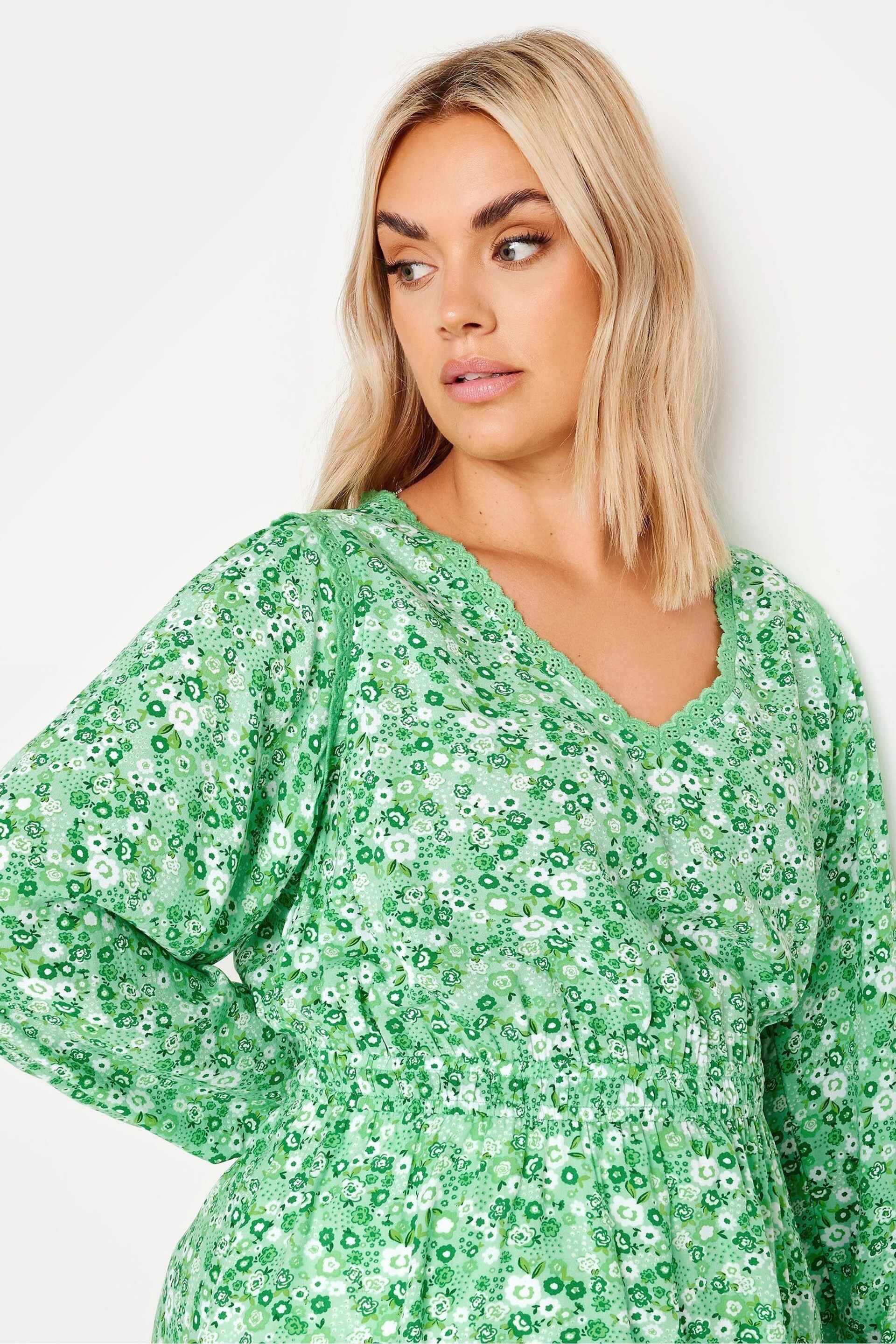 Yours Curve Green Trim Smock Top - Image 4 of 5