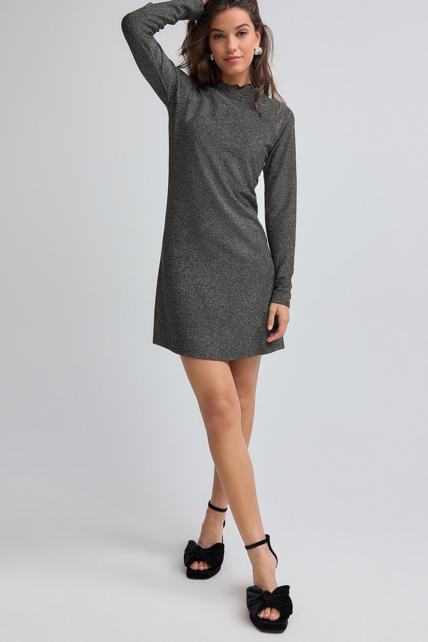 Buy Silver Glitter Long Sleeve Glitter Jaquard Mini Dress from Next Luxembourg
