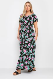 Yours Curve Black Black Floral Tropical Print Bardot Maxi Dress - Image 1 of 5