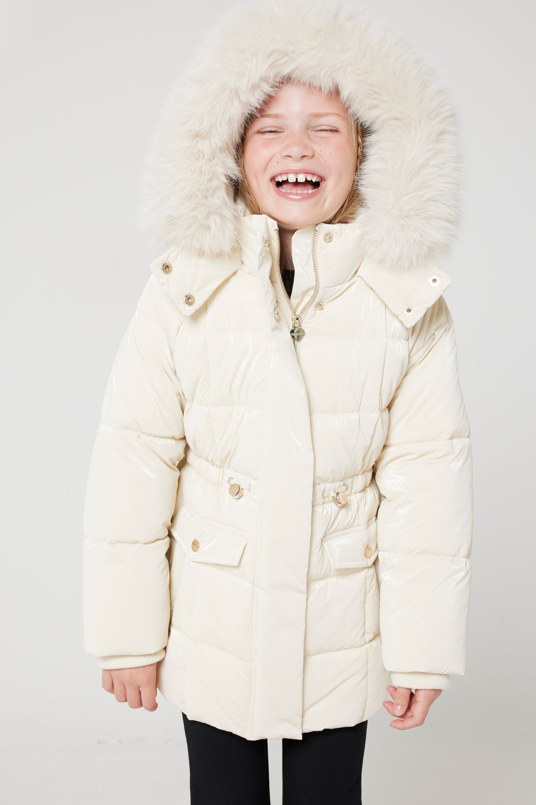 Buy River Island Cream Girls Glam Faux Fur Hooded High Shine Coat from Next Netherlands