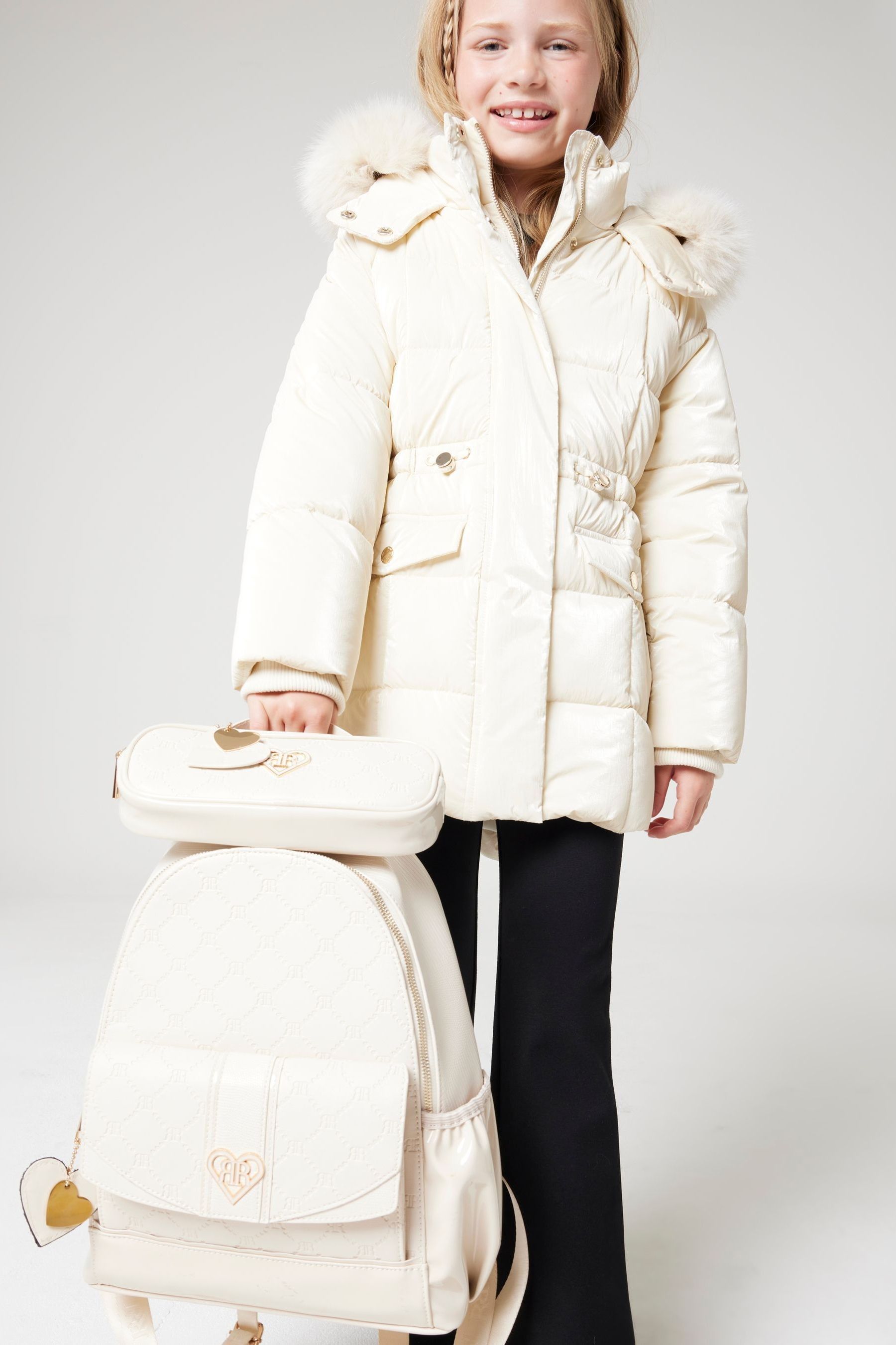 Buy River Island Cream Girls Glam Faux Fur Hooded High Shine Coat from Next Luxembourg
