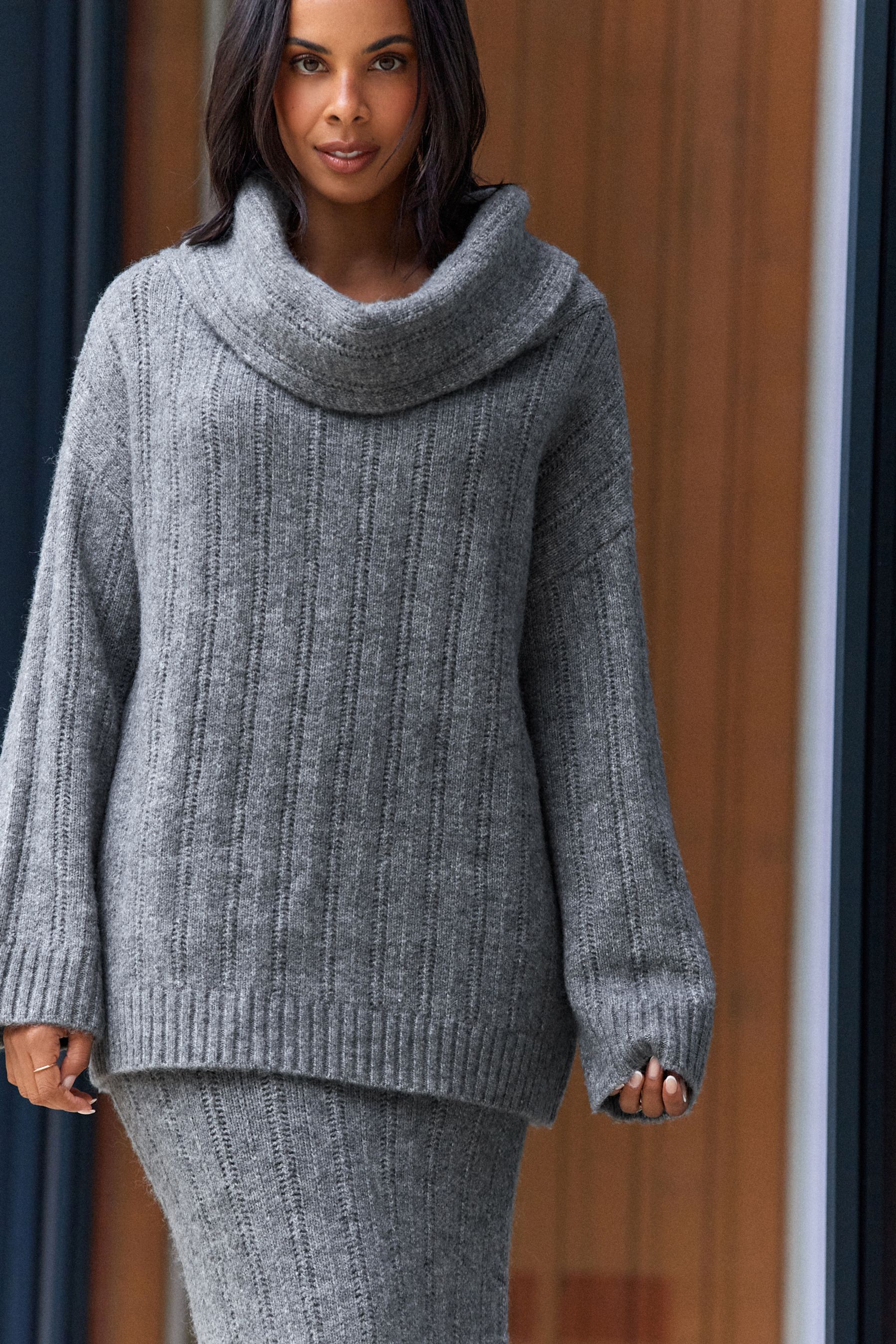 NEXT Grey Charcoal Co ord Bardot Off Shoulder Soft Touch Knitted Jumper XS Reg Womens