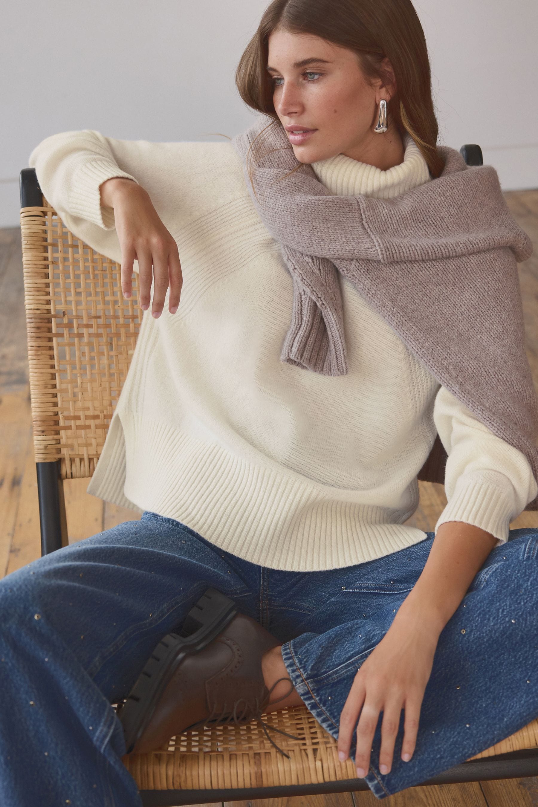 Buy White Ecru 100 Wool Premium High Roll Neck Knitted Jumper from Next Ukraine