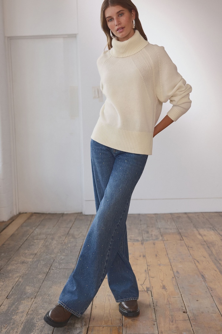 White Ecru 100% Wool High Roll Neck Knitted Jumper - Image 2 of 4