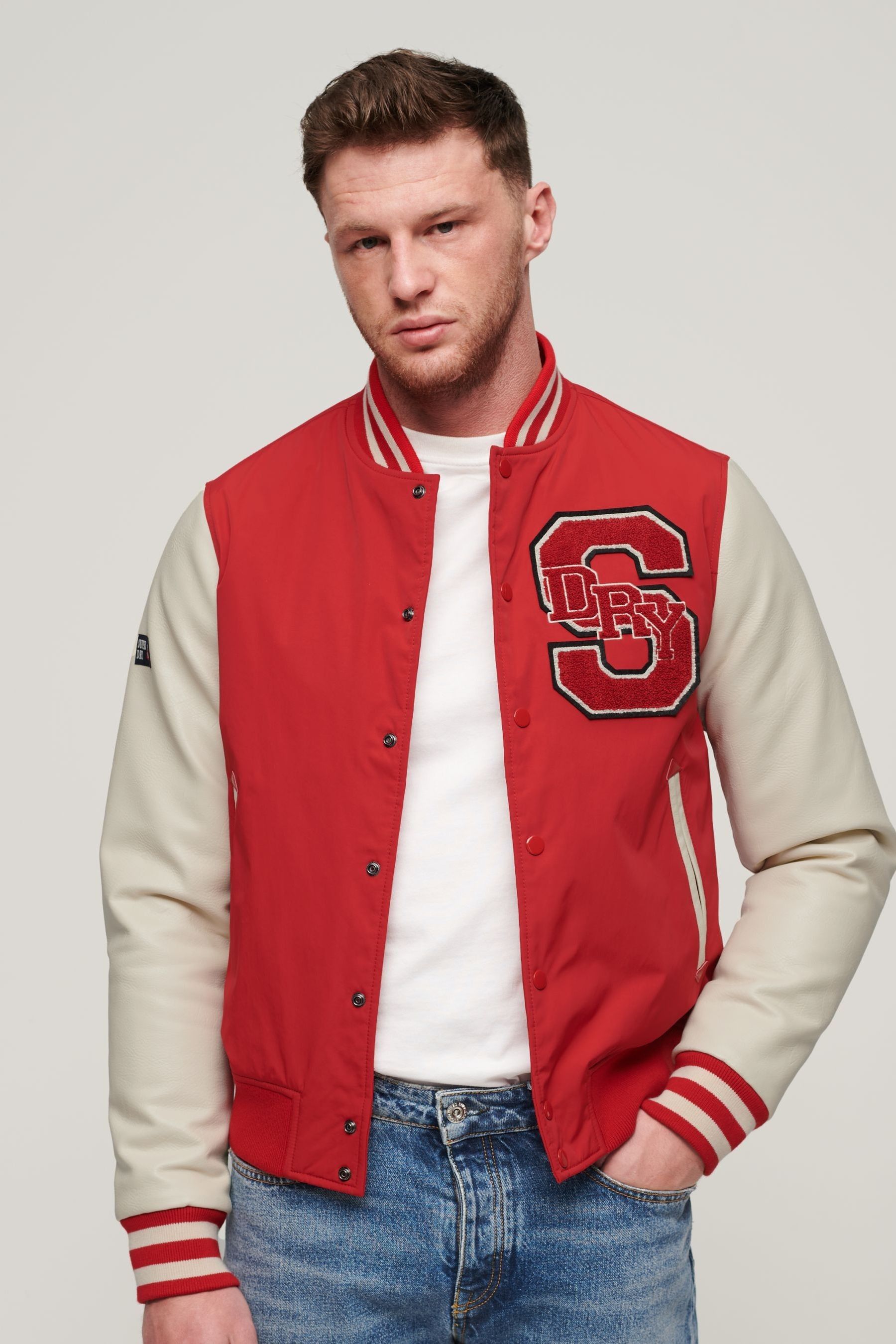 Red and white bomber jacket deals