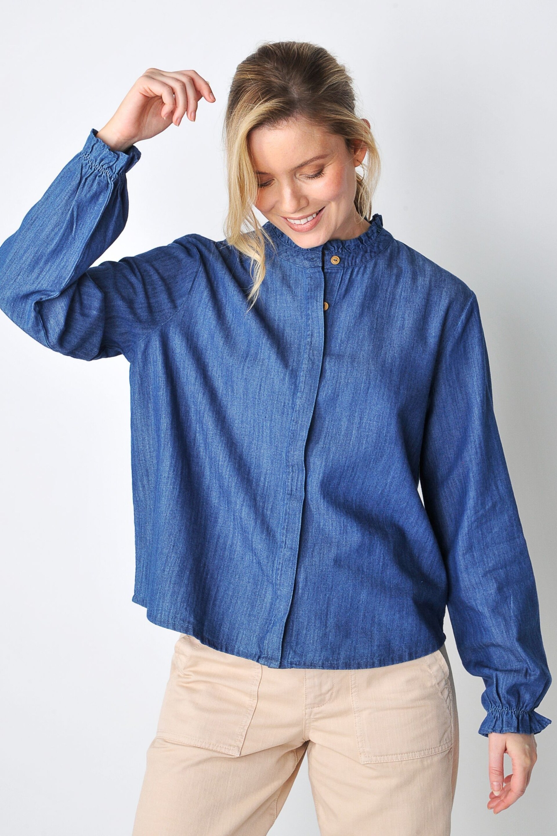 Burgs Womens Blue Pannier Frill Long Sleeve Blouses - Image 1 of 5