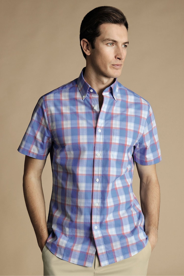 Charles Tyrwhitt Pink Check Short Sleeve Noniron Stretch Poplin Slub 100% Cotton Shirt - Image 1 of 6