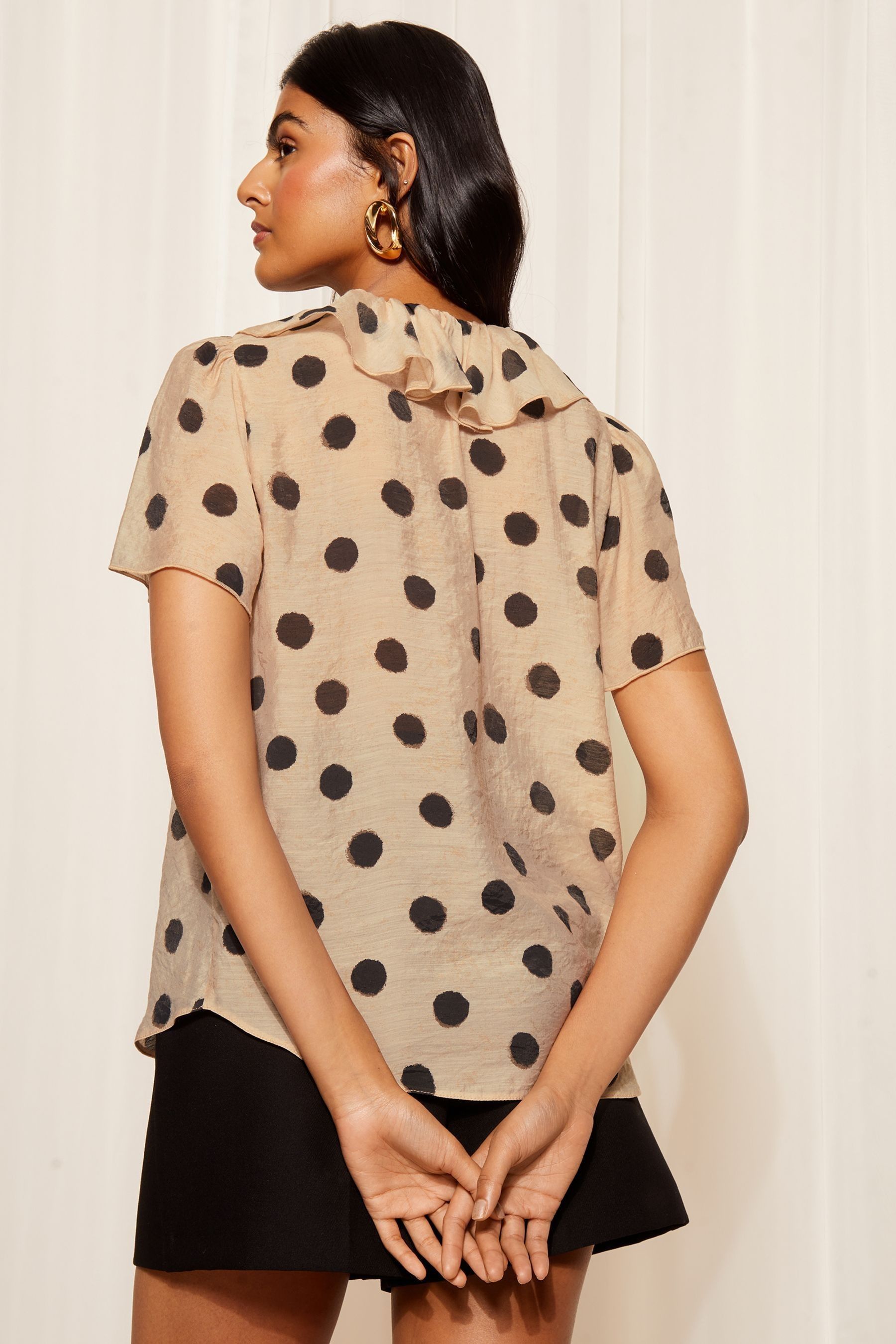 Friends Like These Camel Polka Dot Ruffle Front Puff Sleeve Blouse