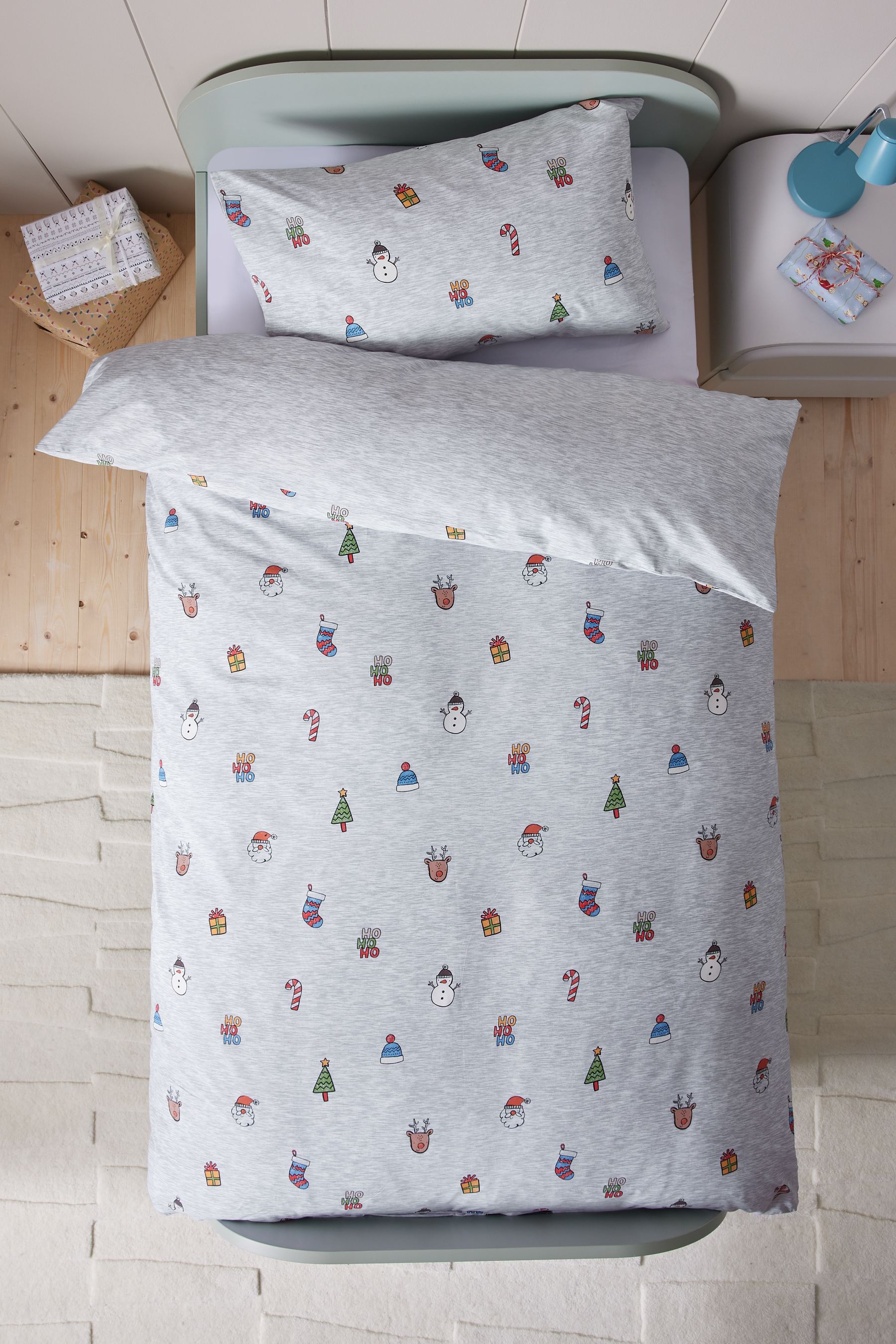 Buy Grey Santa Christmas 100 Cotton Duvet Cover and Pillowcase Set from Next Luxembourg