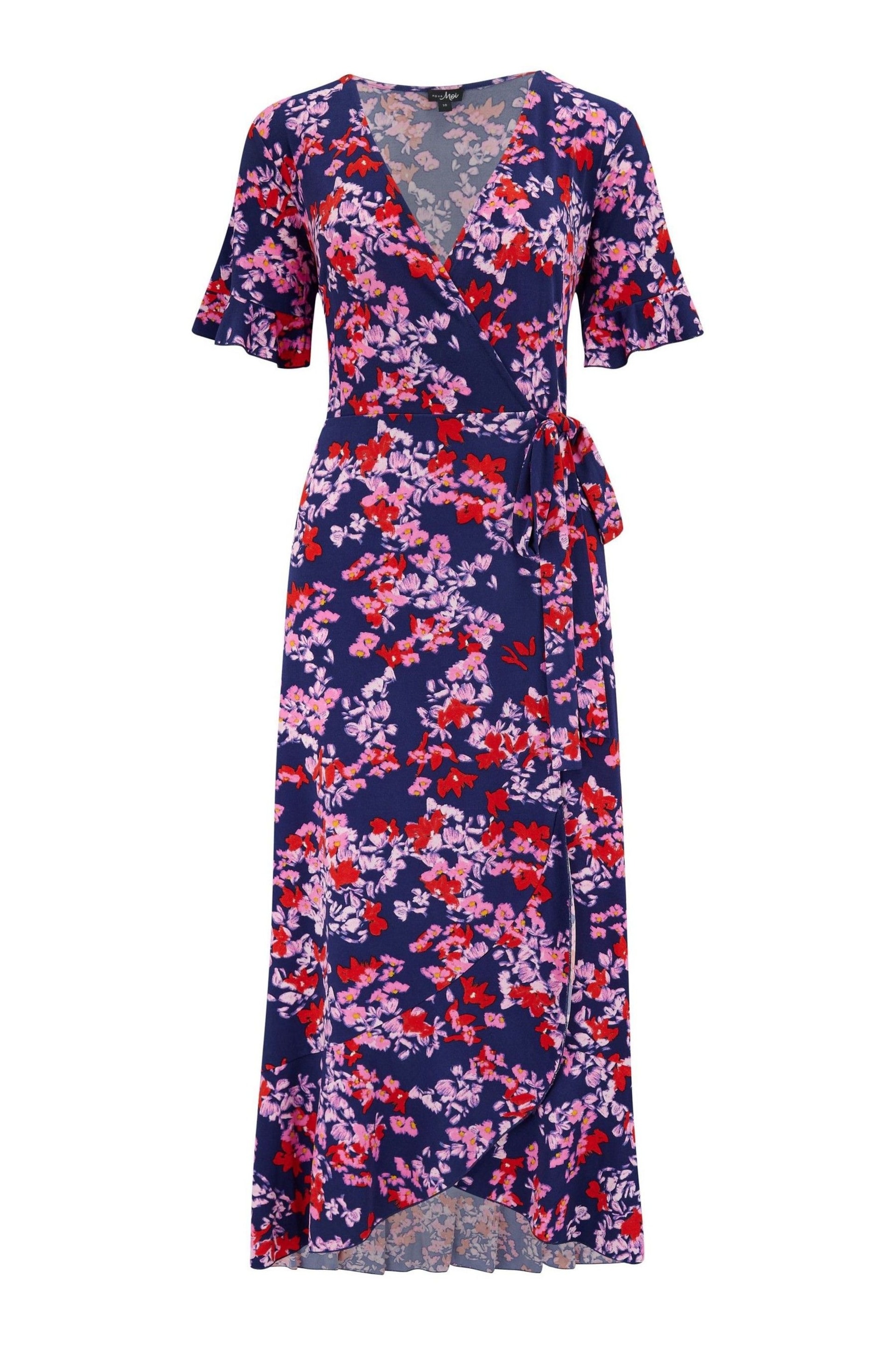 Pour Moi Pink & Purple Print Megan Fuller Bust Slinky Jersey Frill Detail Midi Wrap Dress - Image 3 of 4