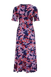 Pour Moi Pink & Purple Print Megan Fuller Bust Slinky Jersey Frill Detail Midi Wrap Dress - Image 4 of 4