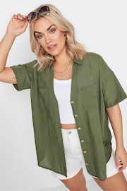 Yours Curve Khaki Green Utility Linen Shirt - Image 1 of 5