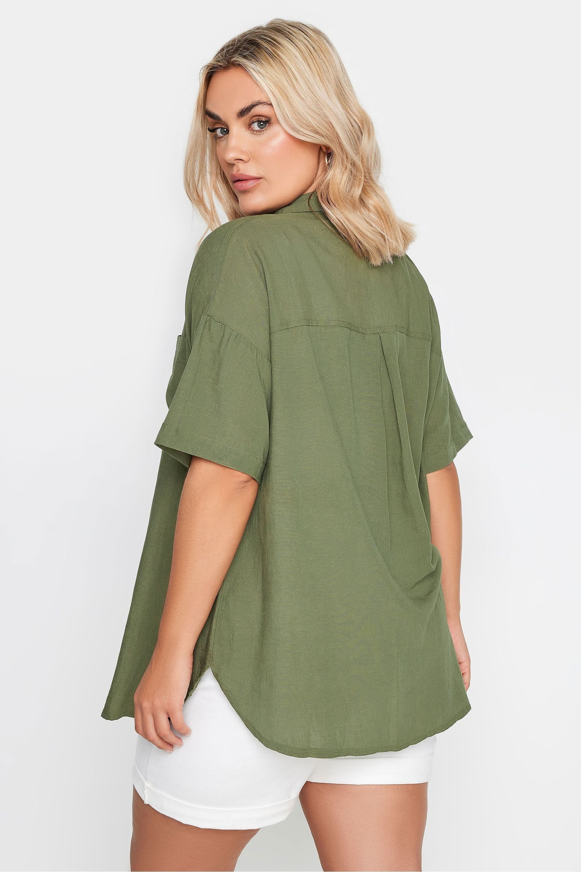Yours Curve Khaki Green Utility Linen Shirt - Image 2 of 5