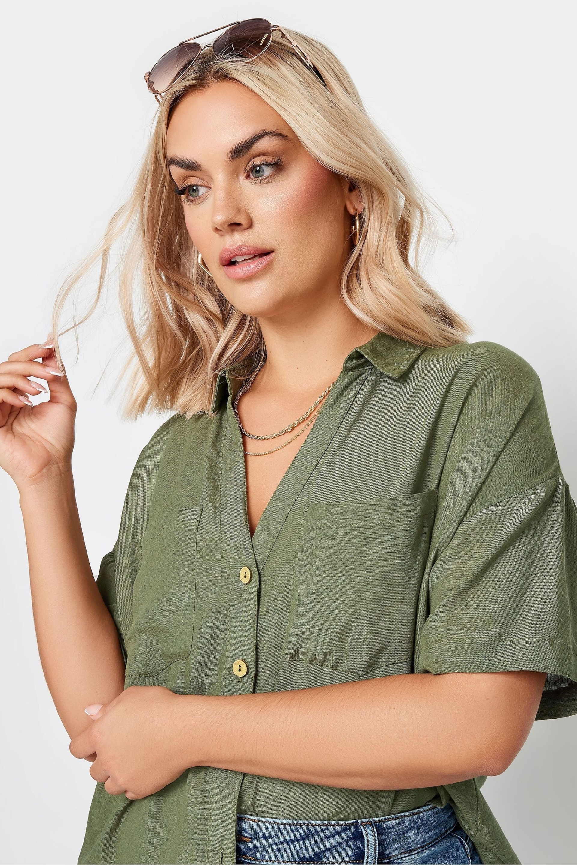 Yours Curve Khaki Green Utility Linen Shirt - Image 4 of 5