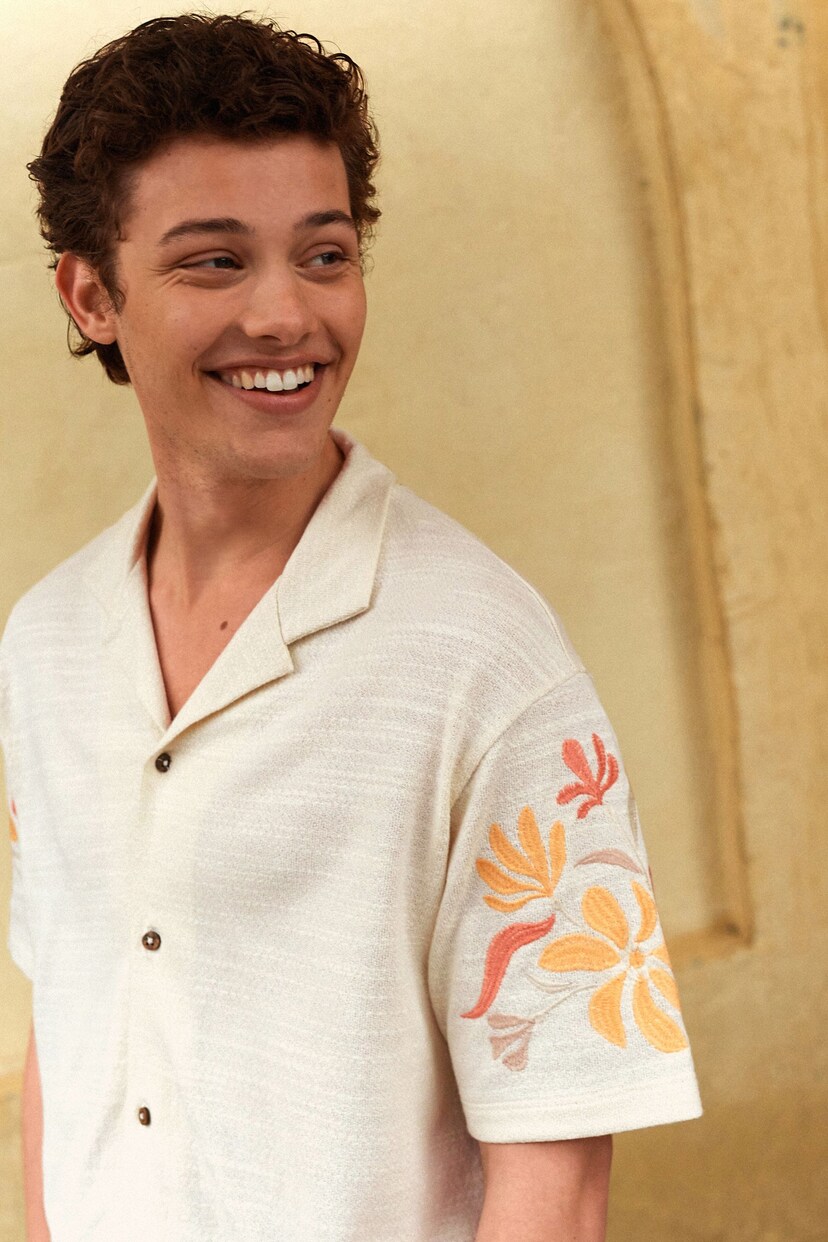 Ecru Embroidery Textured Jersey Short Sleeve Shirt - Image 1 of 8