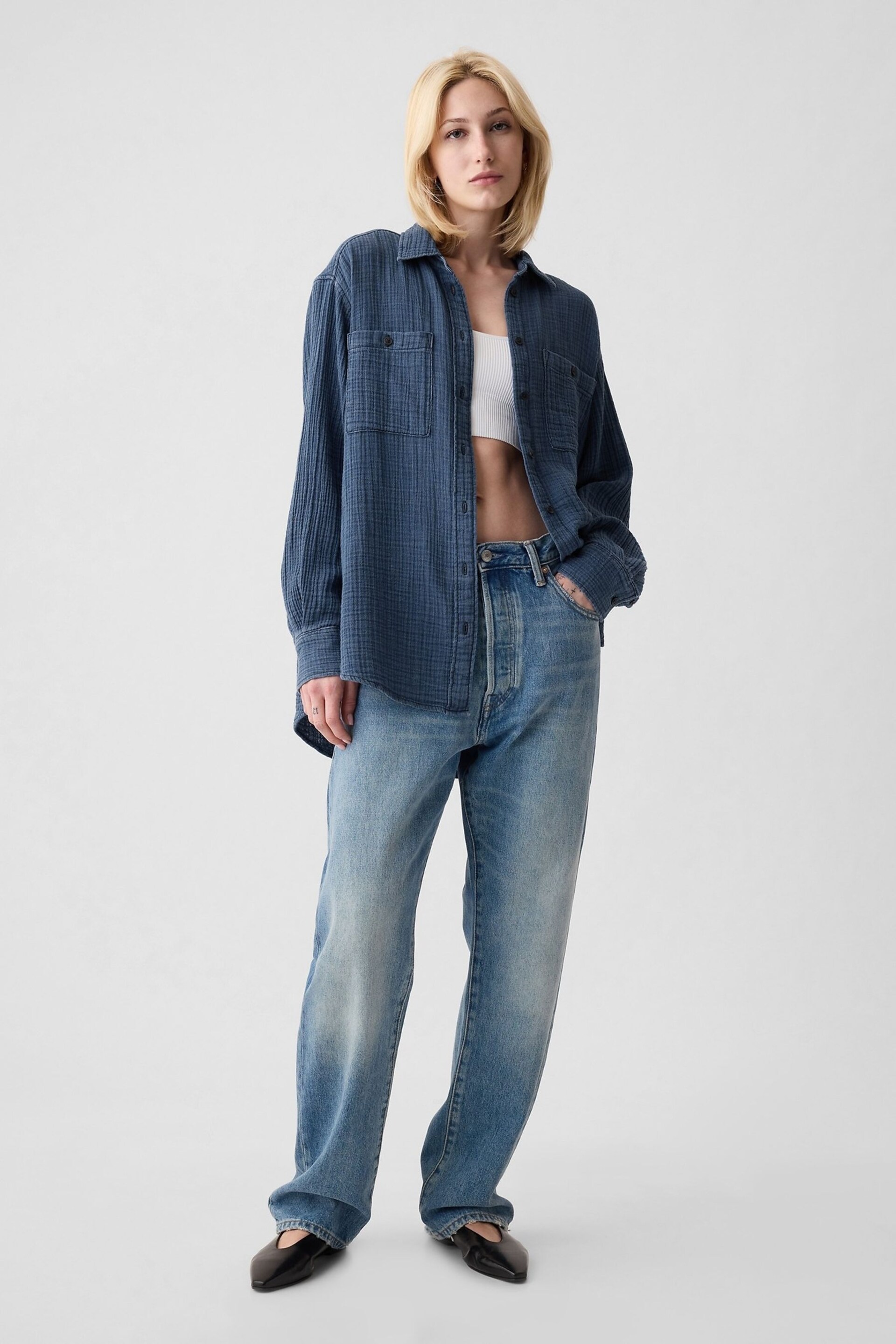 Gap Blue Crinkle Cotton Big Shirt - Image 3 of 4