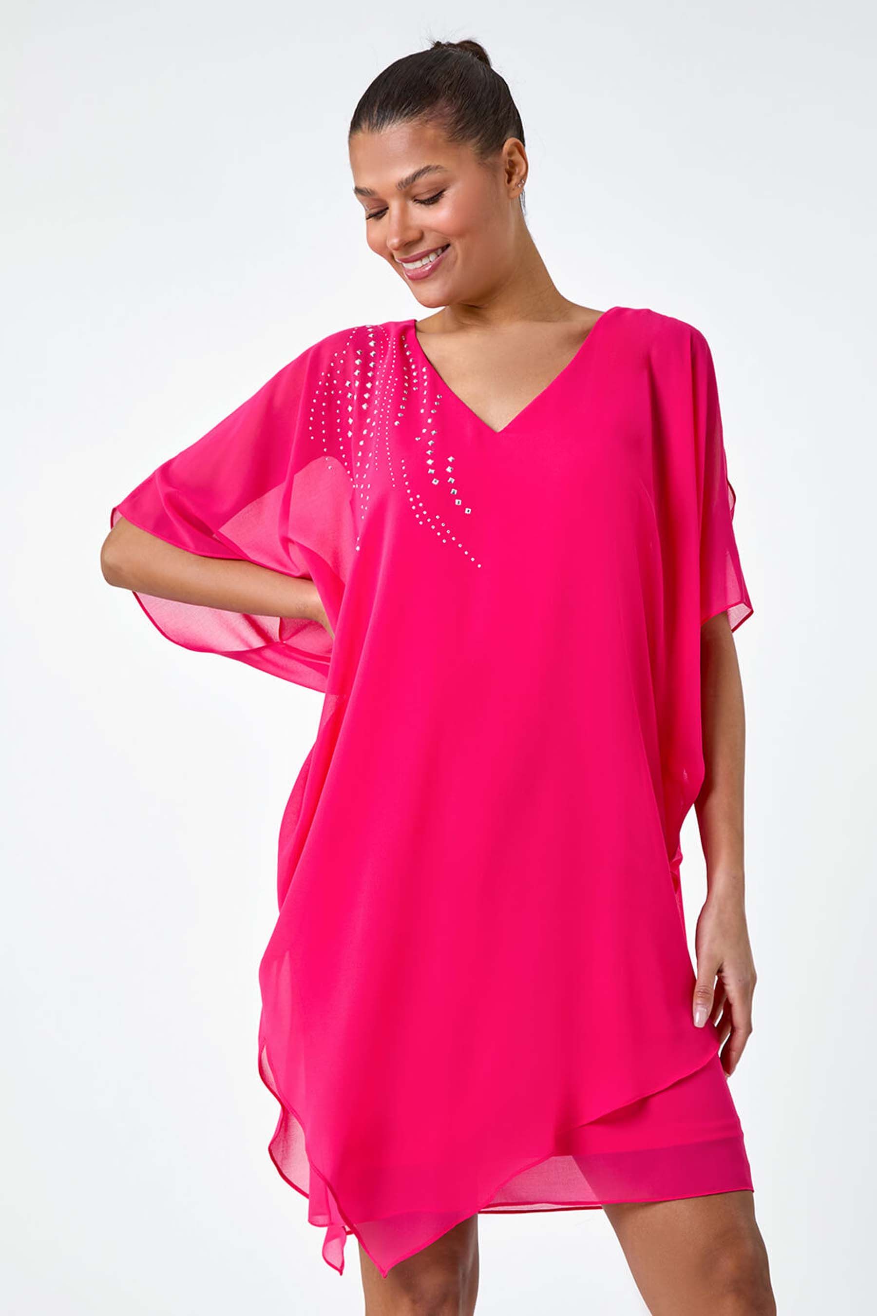 Roman Pink Embellished Cold Shoulder Overlay Dress