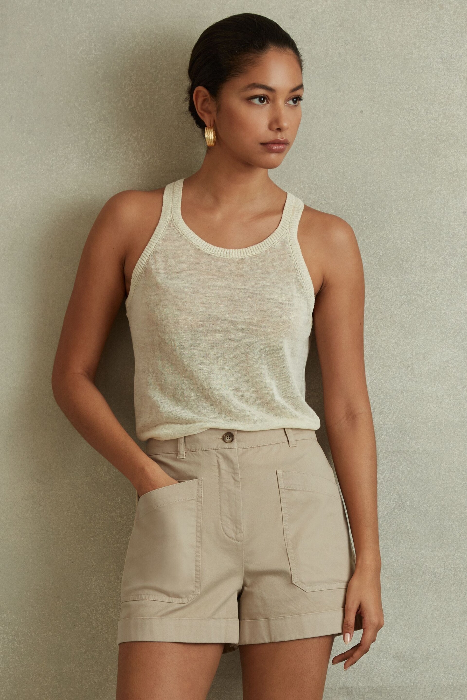 Reiss Neutral Nova Cotton Blend Shorts with Turned-Up Hems - Image 1 of 5