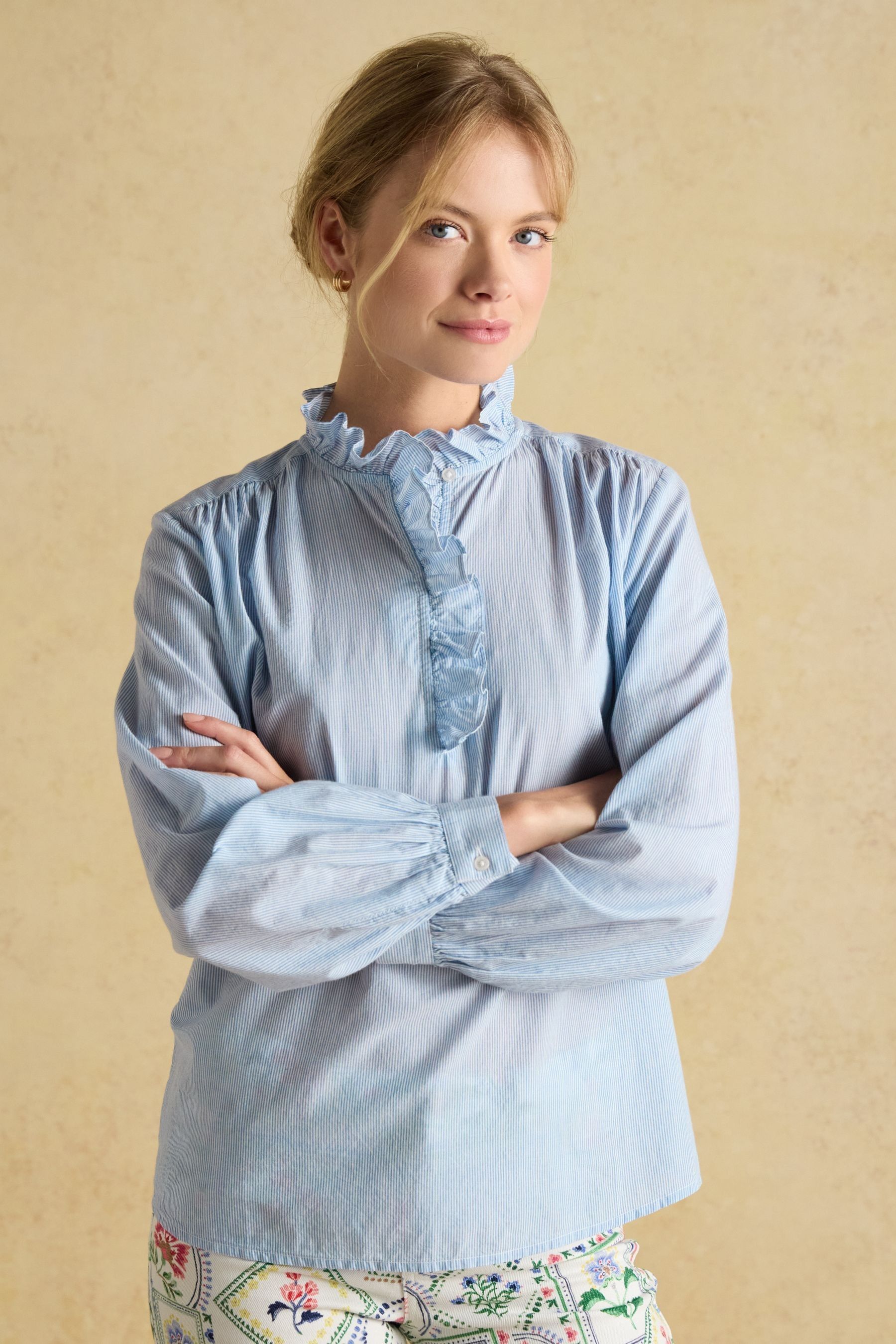 Joules Melanie Blue White Cotton Ruffle Blouse 2 Womens