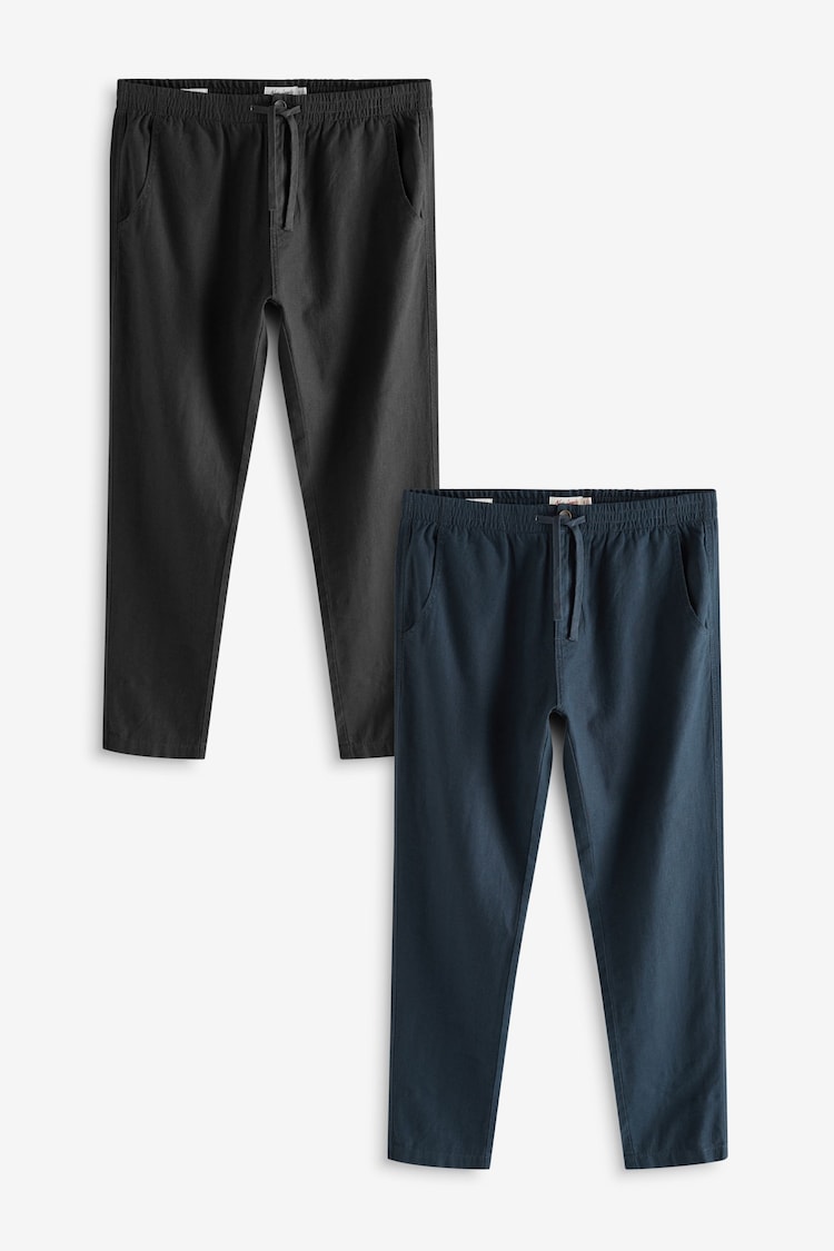 Темно-синій/вугільно-сірий - Linen Cotton Elasticated Drawstring Trousers 2 Pack - Image 1 of 6