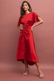 Scarlet Red Ruched Satin Crinkle Midi Dress - Image 1 of 3