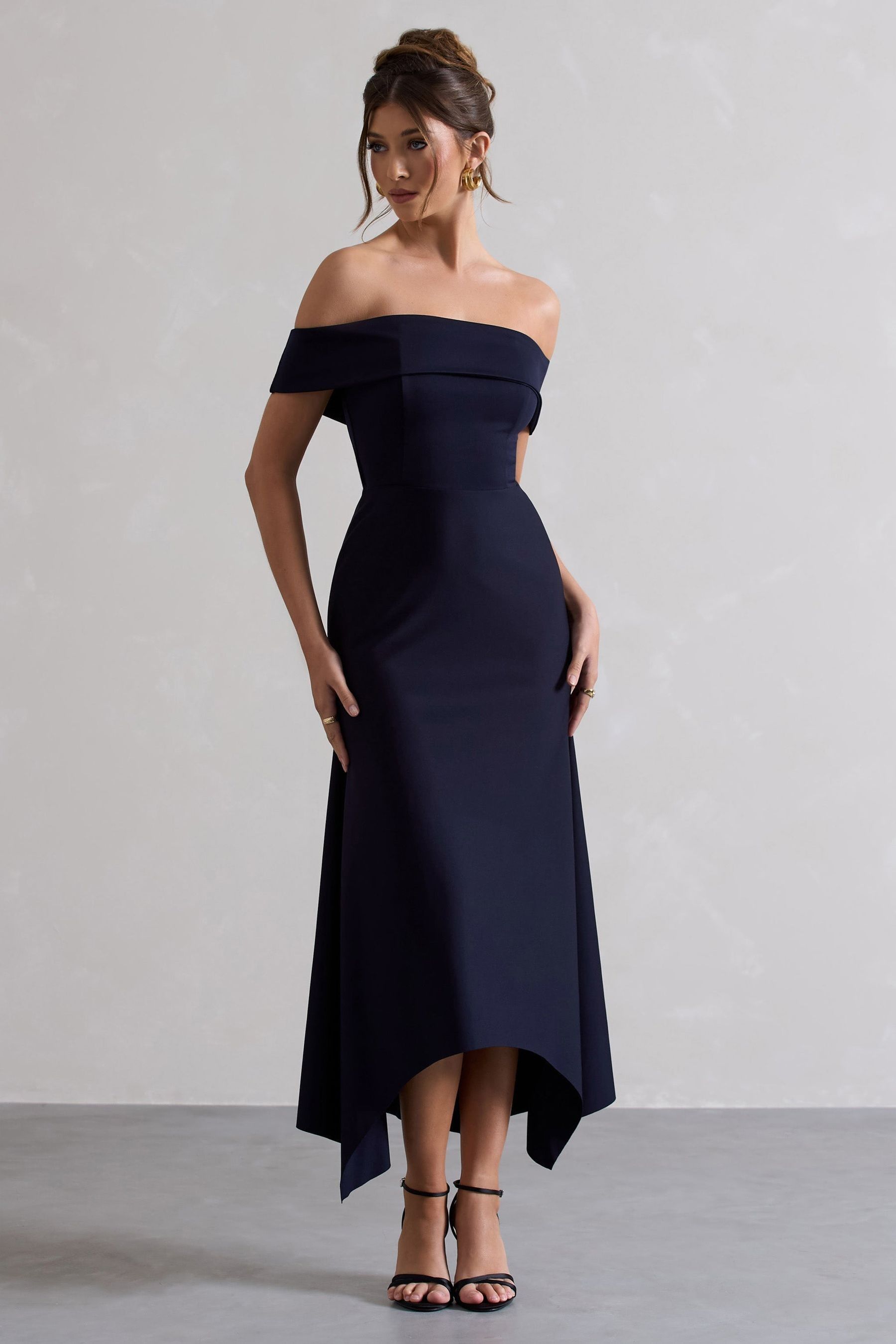 Club L London Navy Blue Windsor Bardot Maxi Dress