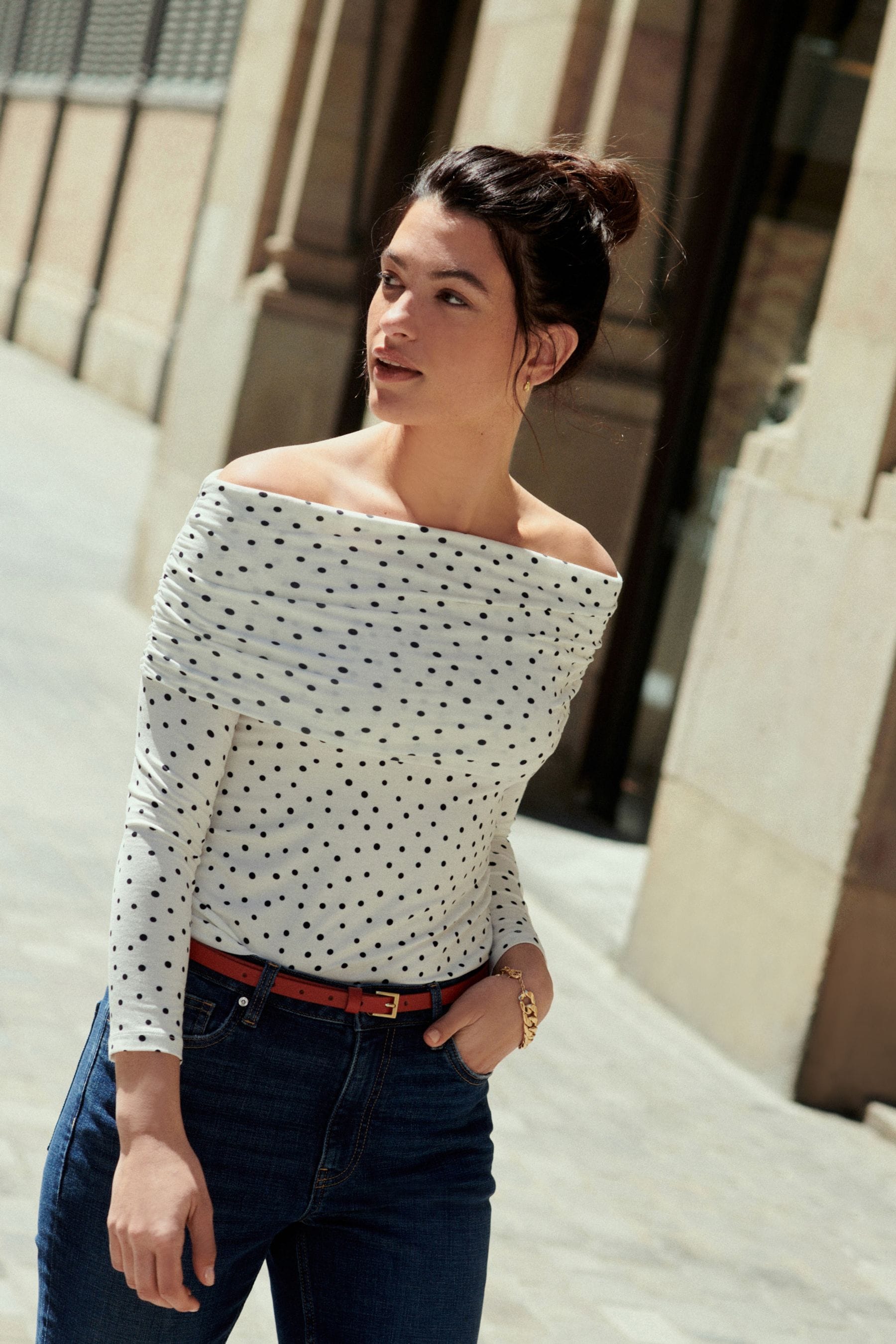 Buy White Black Polka Dot Print Bardot Off The Shoulder Long Sleeved Top from the Next UK online shop
