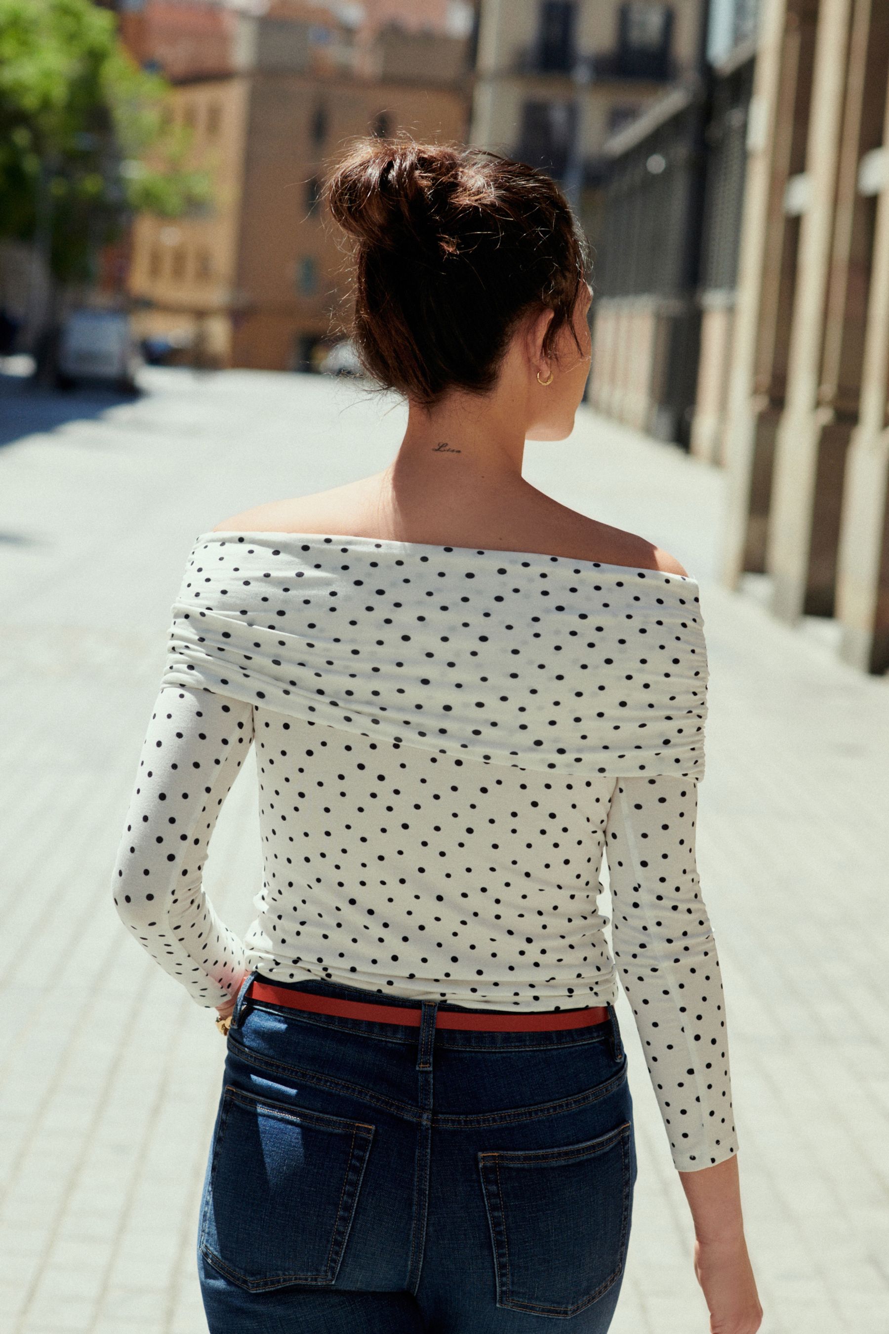 Buy White Black Polka Dot Print Bardot Off The Shoulder Long Sleeved Top from the Next UK online shop