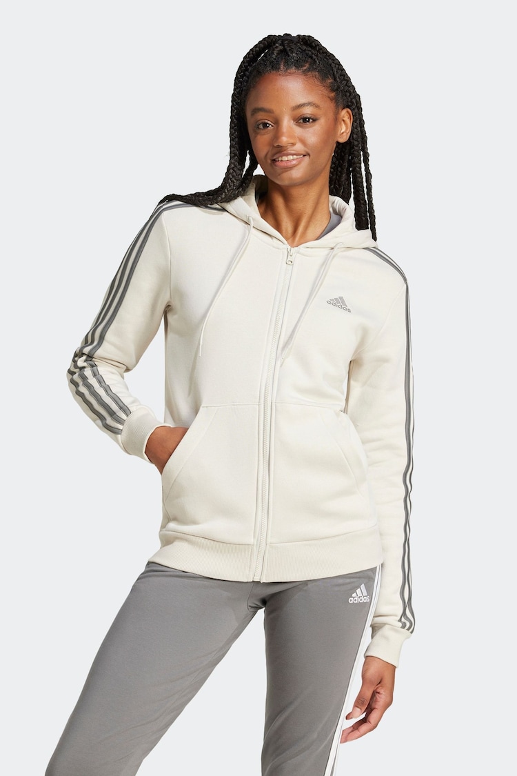 adidas Cream 3 Stripe Fleece Full Zip Hoodie - Image 1 of 7