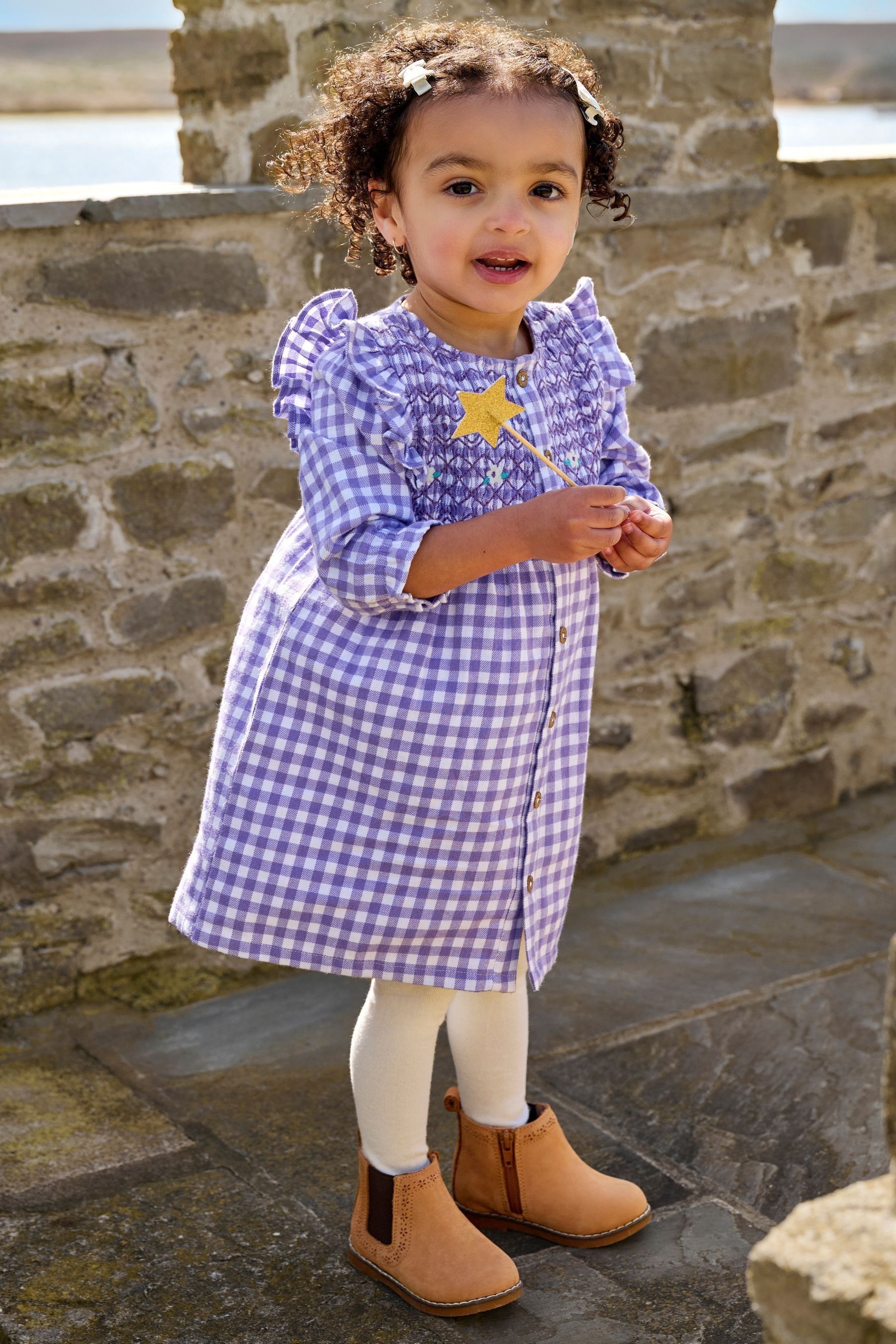 Buy JoJo Maman Bebe Lilac Purple Frill Shoulder Smocked Dress Tights Set from Next Luxembourg