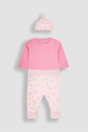 JoJo Maman Bébé Pink 3-Piece Rib Body, Floral Trousers & Hat Set - Image 1 of 7