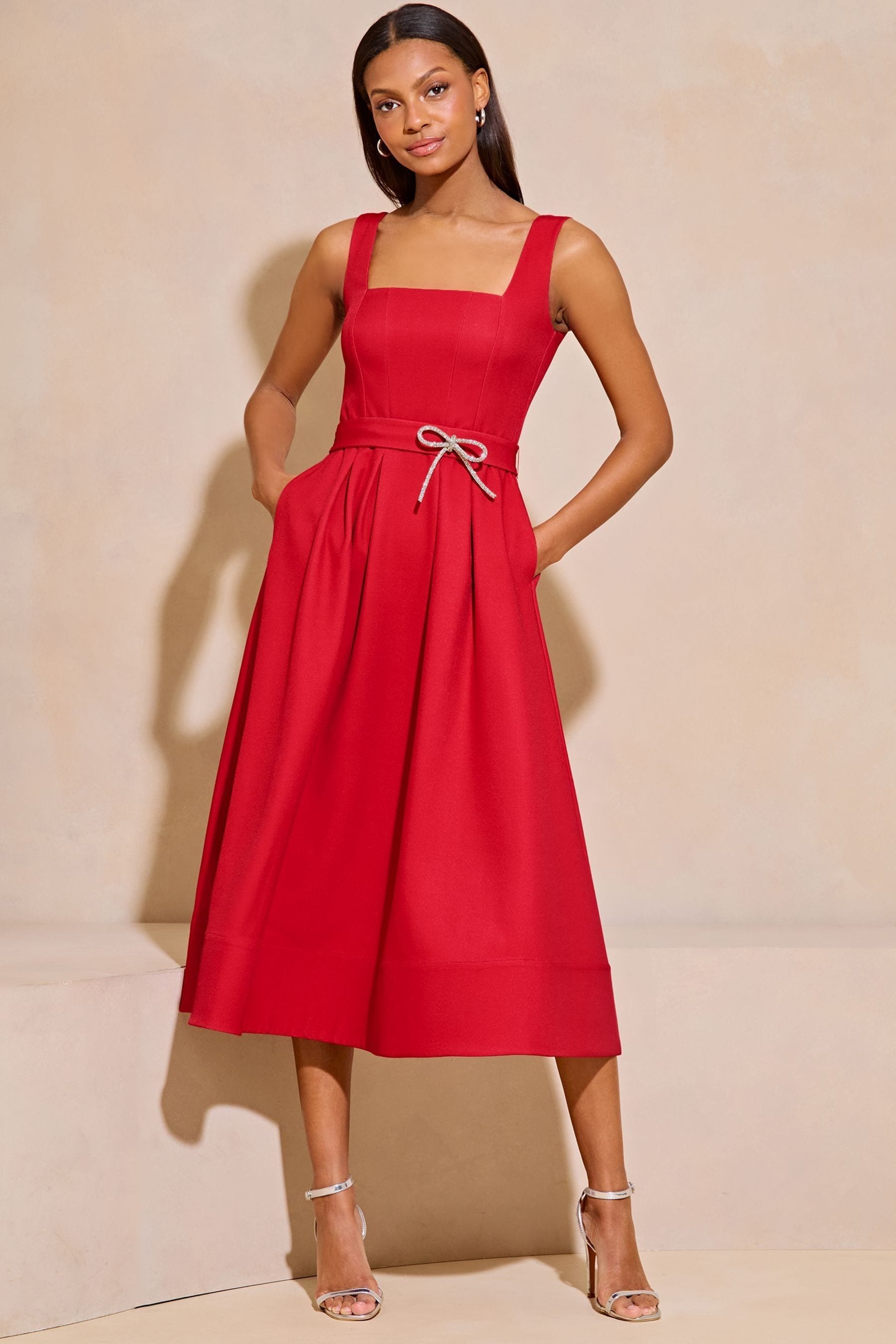 Buy Lipsy Red Premium Diamante Bow Belt Midi Dress from Next Luxembourg