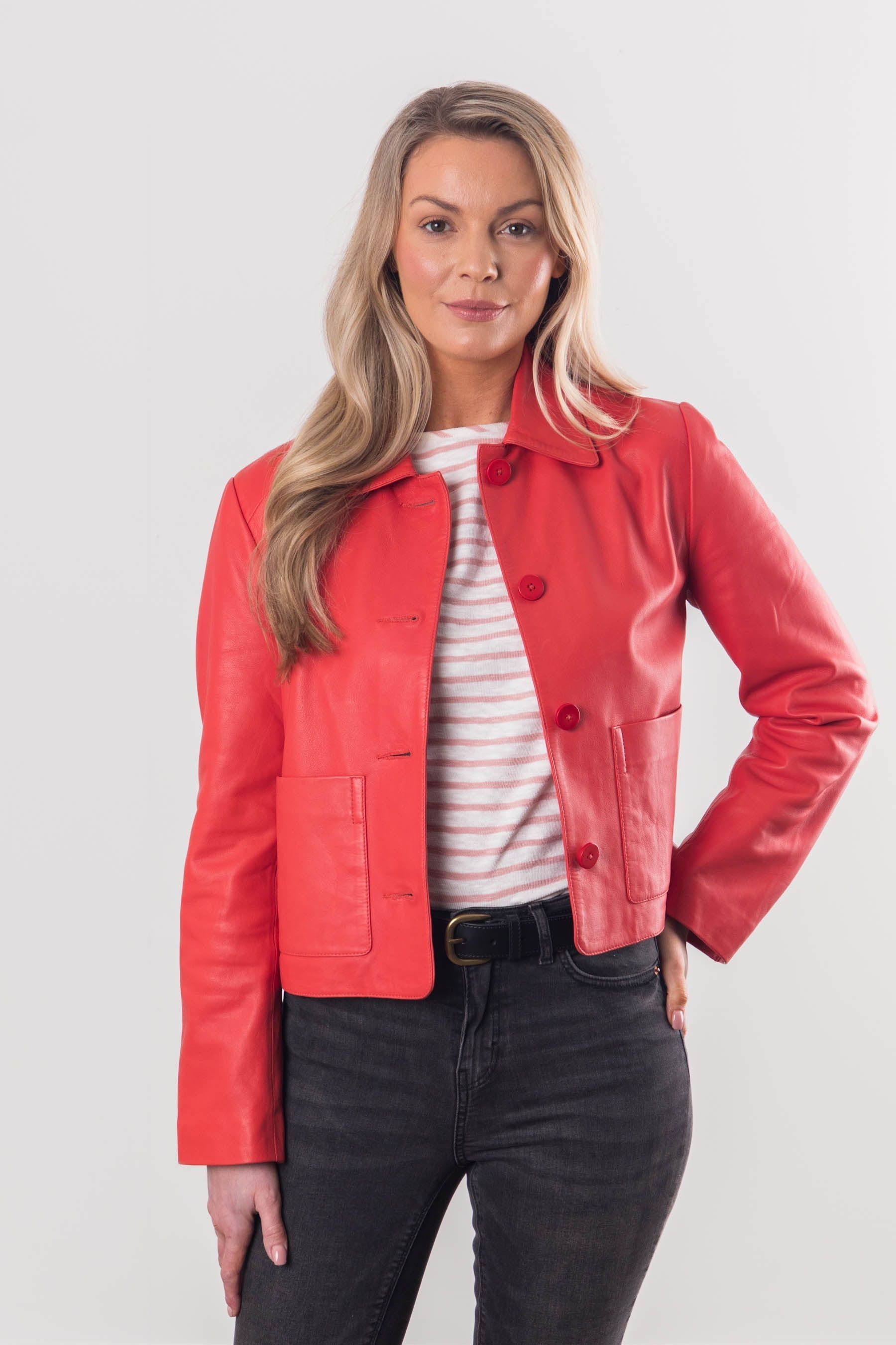 Pink genuine leather jacket shop