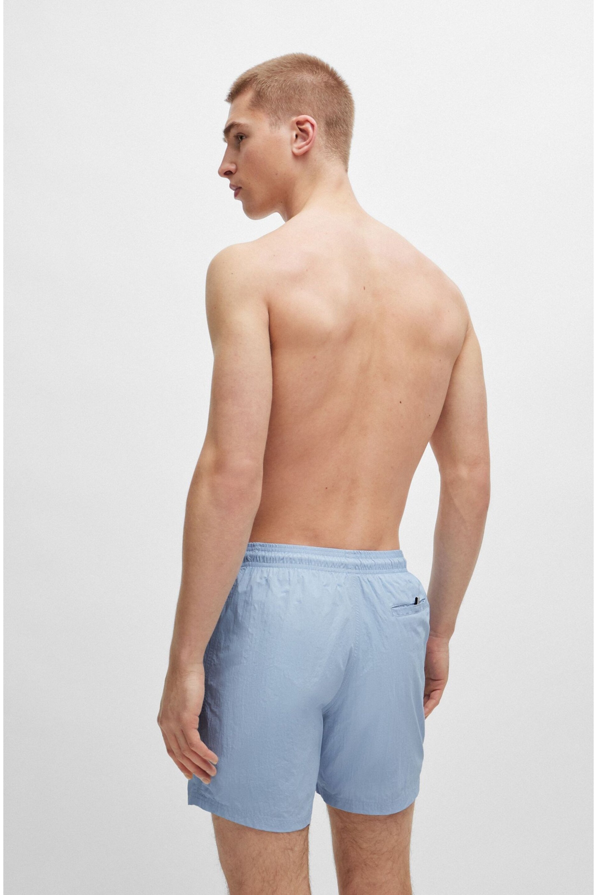 BOSS Blue Vertical-Logo-Print Swim Shorts In Quick-Dry Poplin - Image 2 of 4