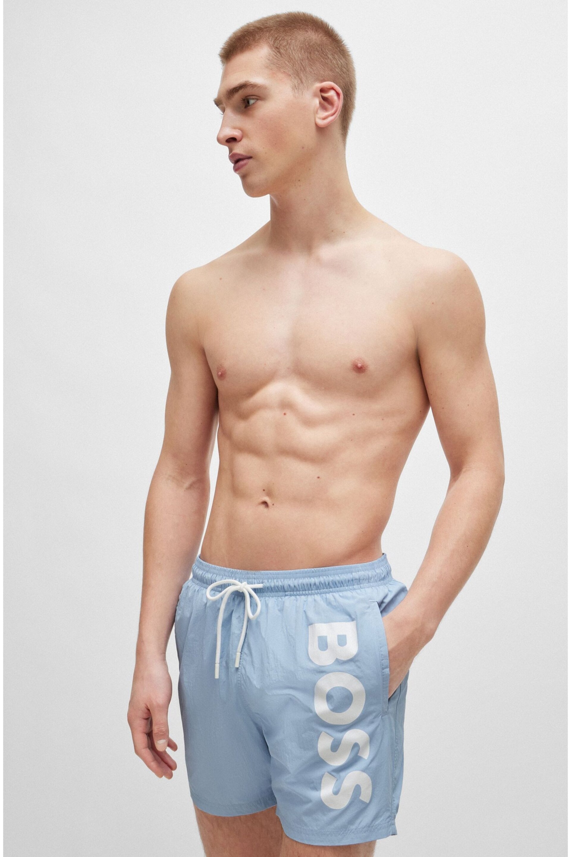 BOSS Blue Vertical-Logo-Print Swim Shorts In Quick-Dry Poplin - Image 3 of 4