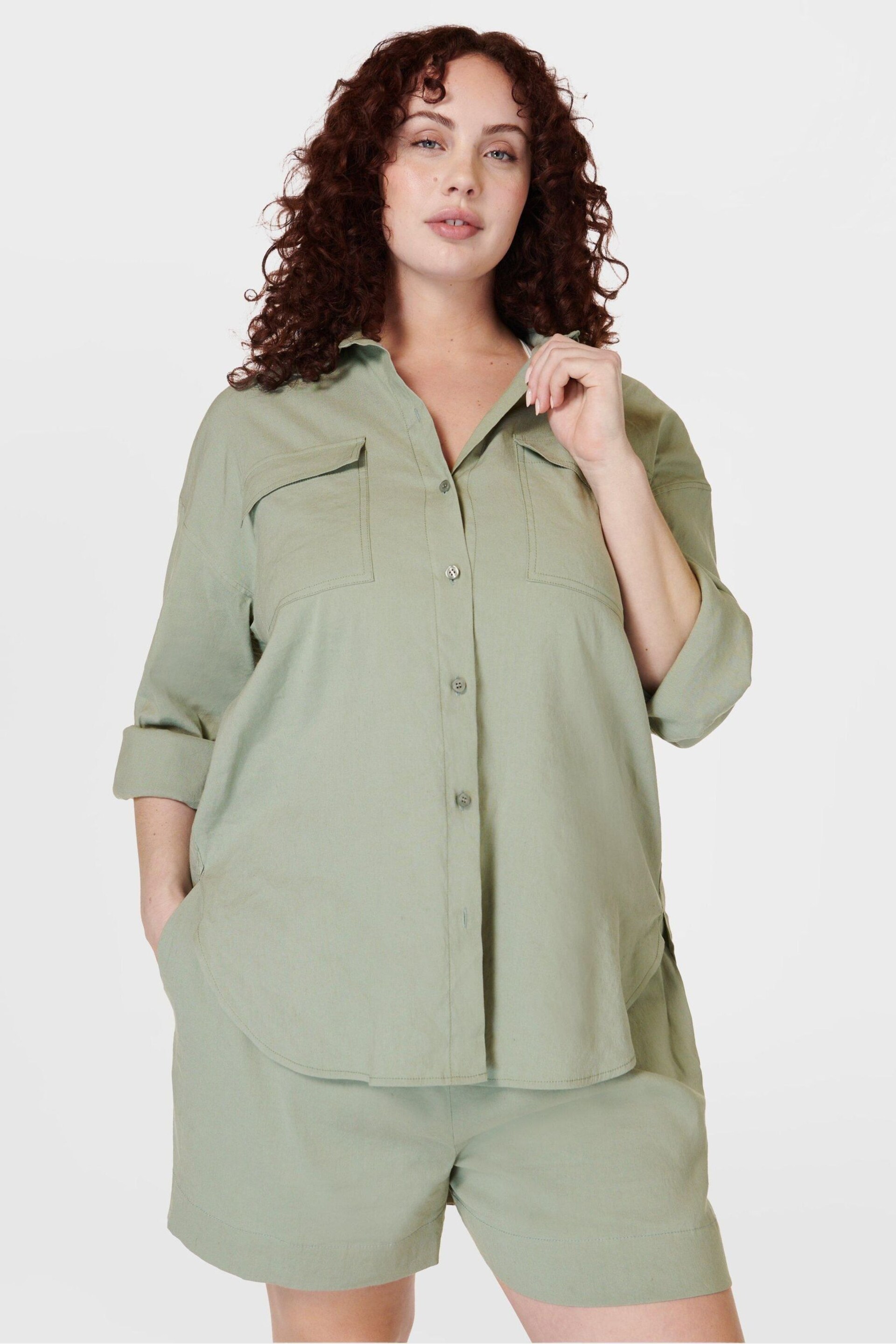 Sweaty Betty Savannah Green Summer Stretch Linen Utility Shirt - Image 1 of 8