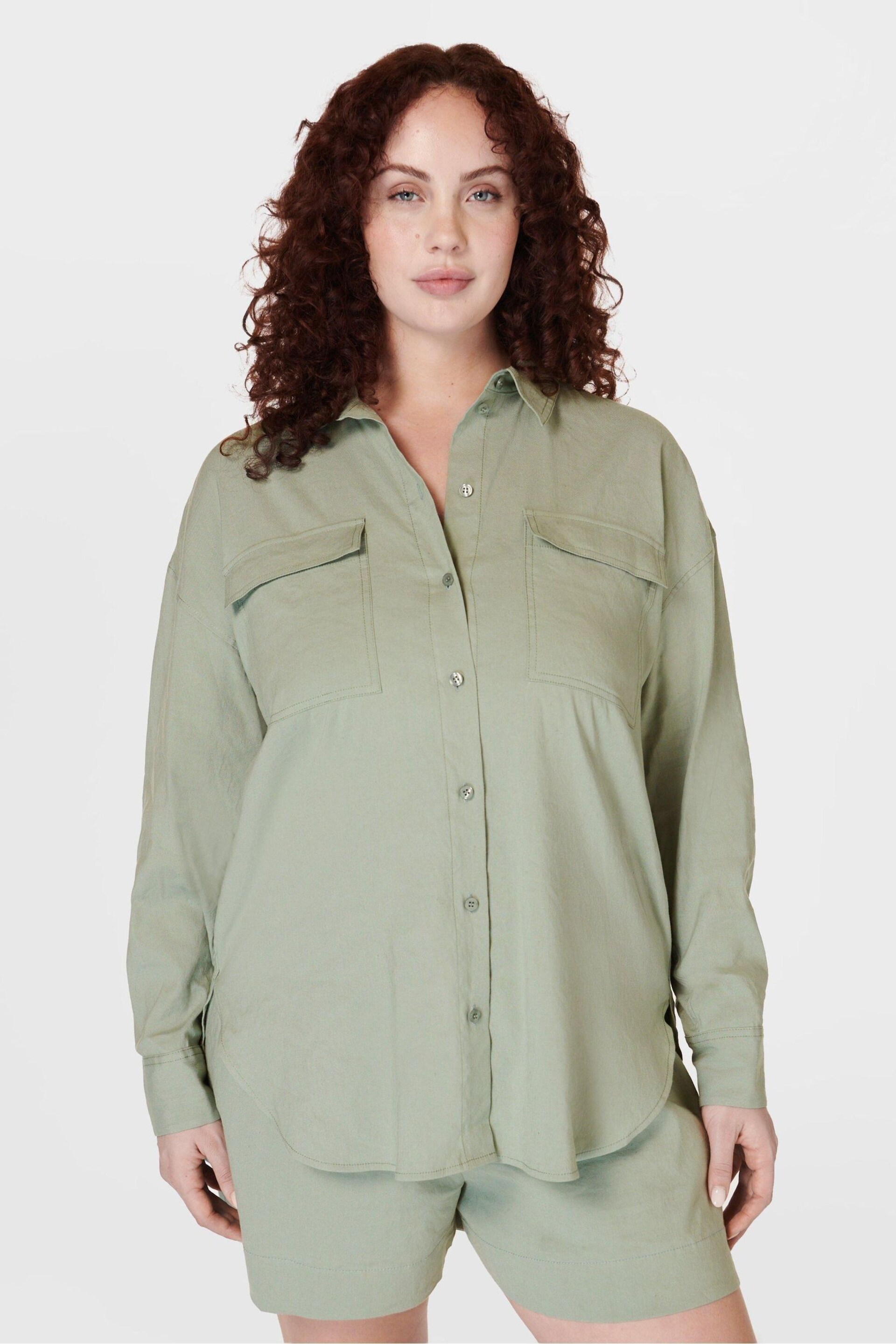 Sweaty Betty Savannah Green Summer Stretch Linen Utility Shirt - Image 3 of 8