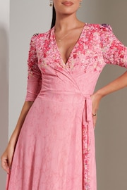 Jolie Moi Pink Peggy Ruched Sleeve Wrap Mesh Maxi Dress - Image 3 of 6