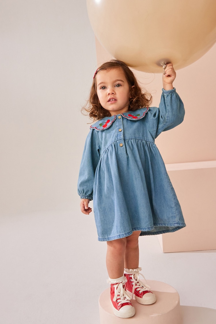 Blue Denim Cherry Embroidered Collar 100% Cotton Dress (3mths-8yrs) - Image 1 of 7