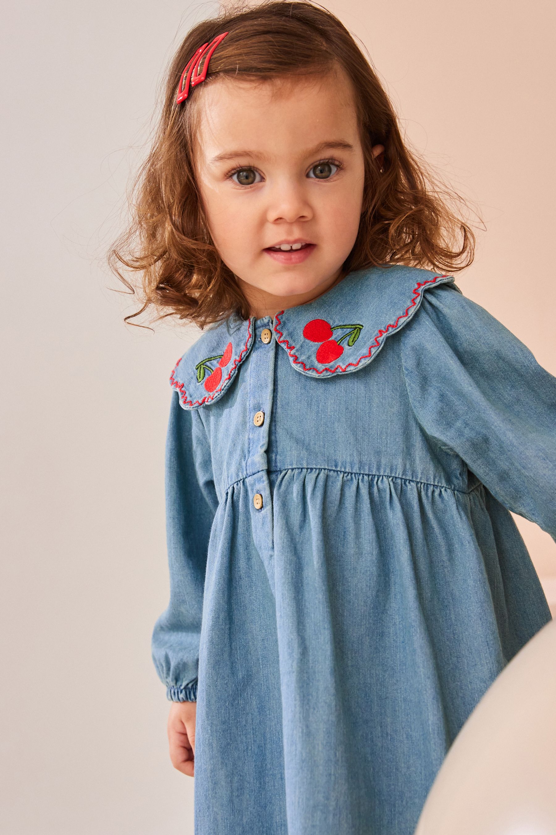 Buy Blue Denim Cherry Embroidered Collar 100% Cotton Dress (3mths-8yrs ...