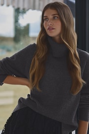 Grey Charcoal 100% Wool High Roll Neck Knitted Jumper - Image 1 of 7