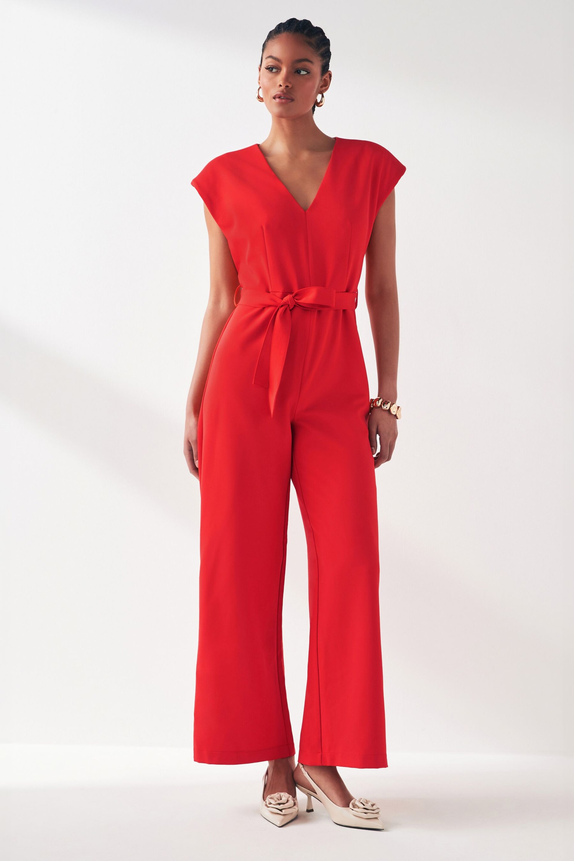 VILA Red Tie Waist Smart Jumpsuit - Image 2 of 6