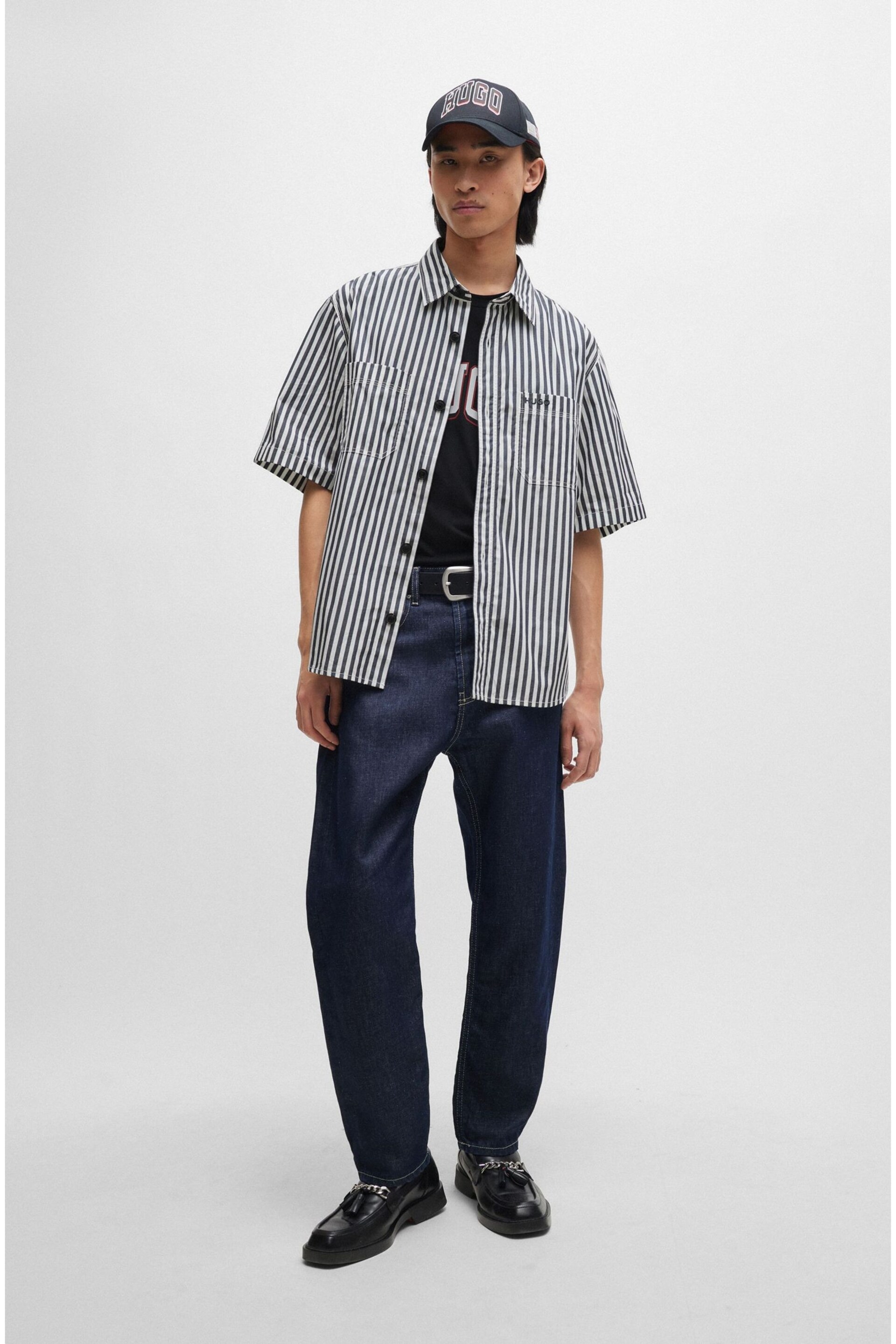 HUGO Oversized Fit Blue Shirt in Striped Cotton Chambray - Image 2 of 6