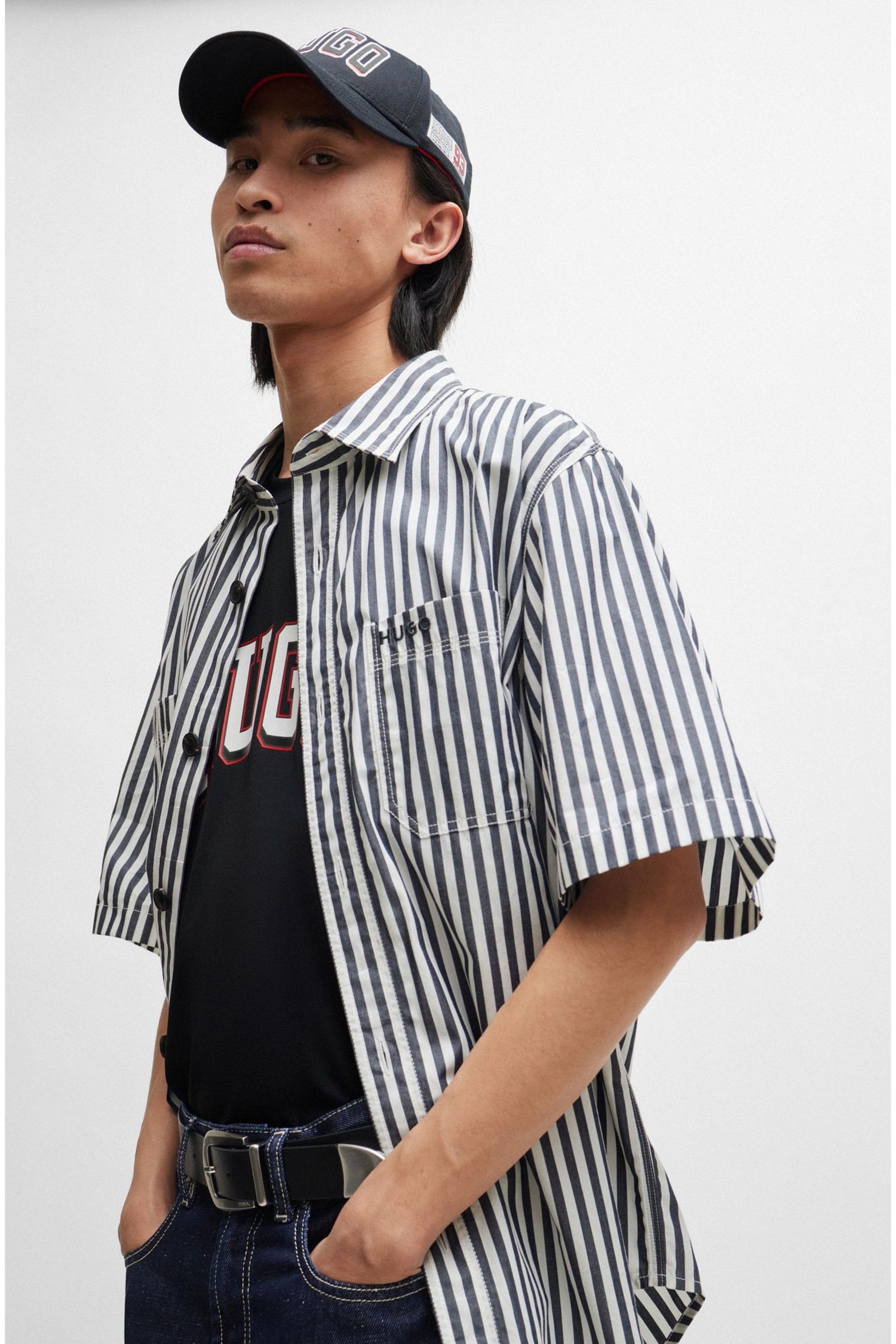 HUGO Oversized Fit Blue Shirt in Striped Cotton Chambray - Image 4 of 6