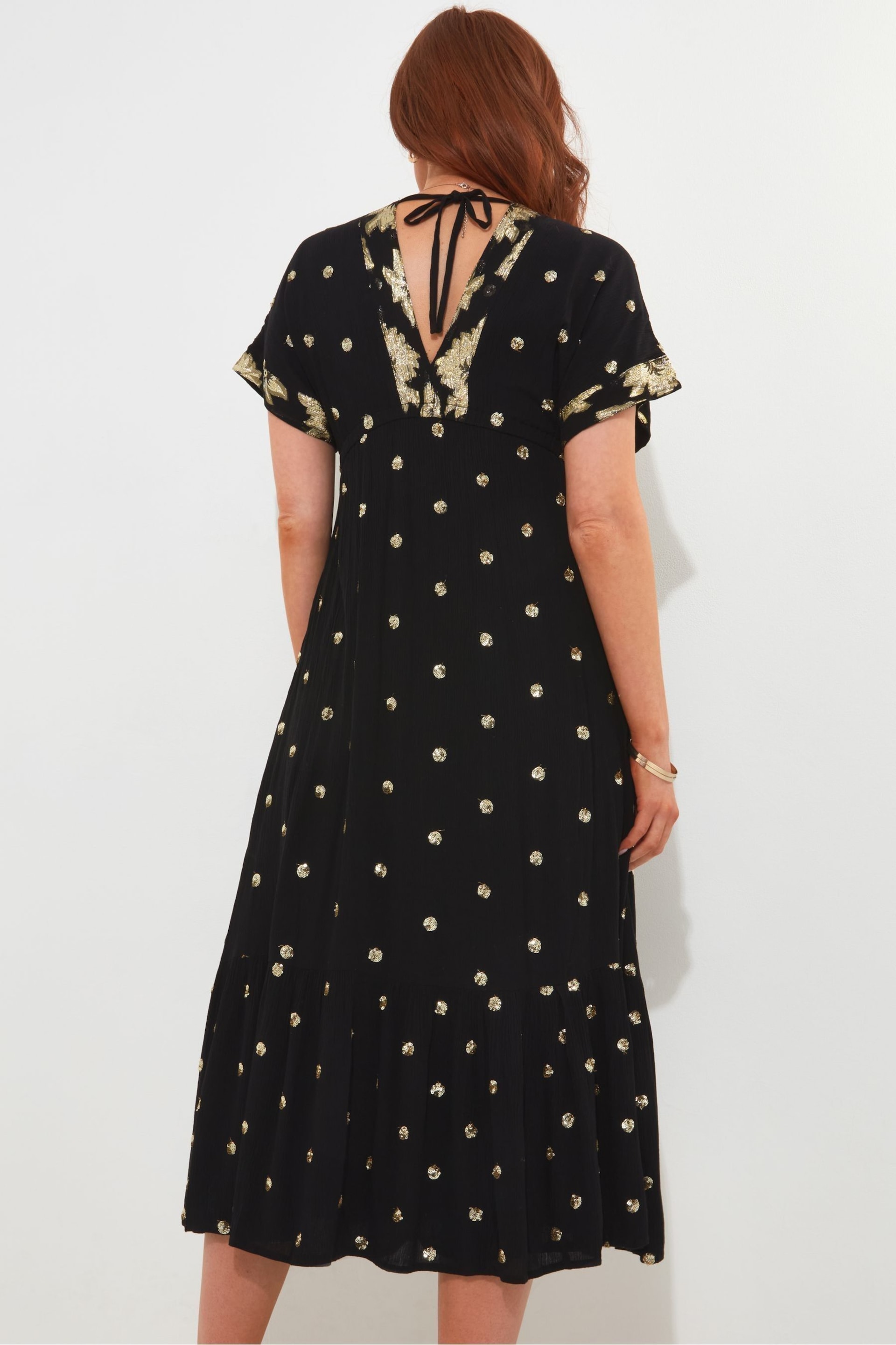 Joe Browns Dark Black Sparkle Sequin Dot Tiered Kimono Style Maxi Dress - Image 3 of 7