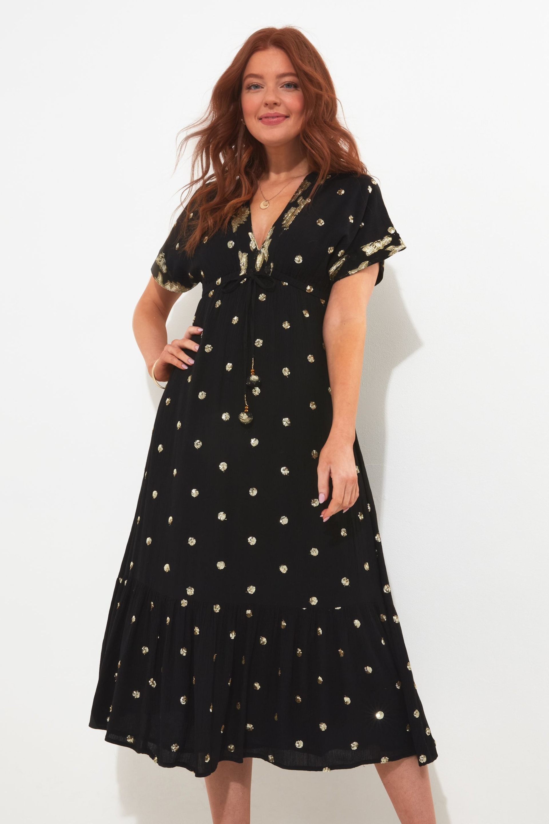 Joe Browns Dark Black Sparkle Sequin Dot Tiered Kimono Style Maxi Dress - Image 4 of 7